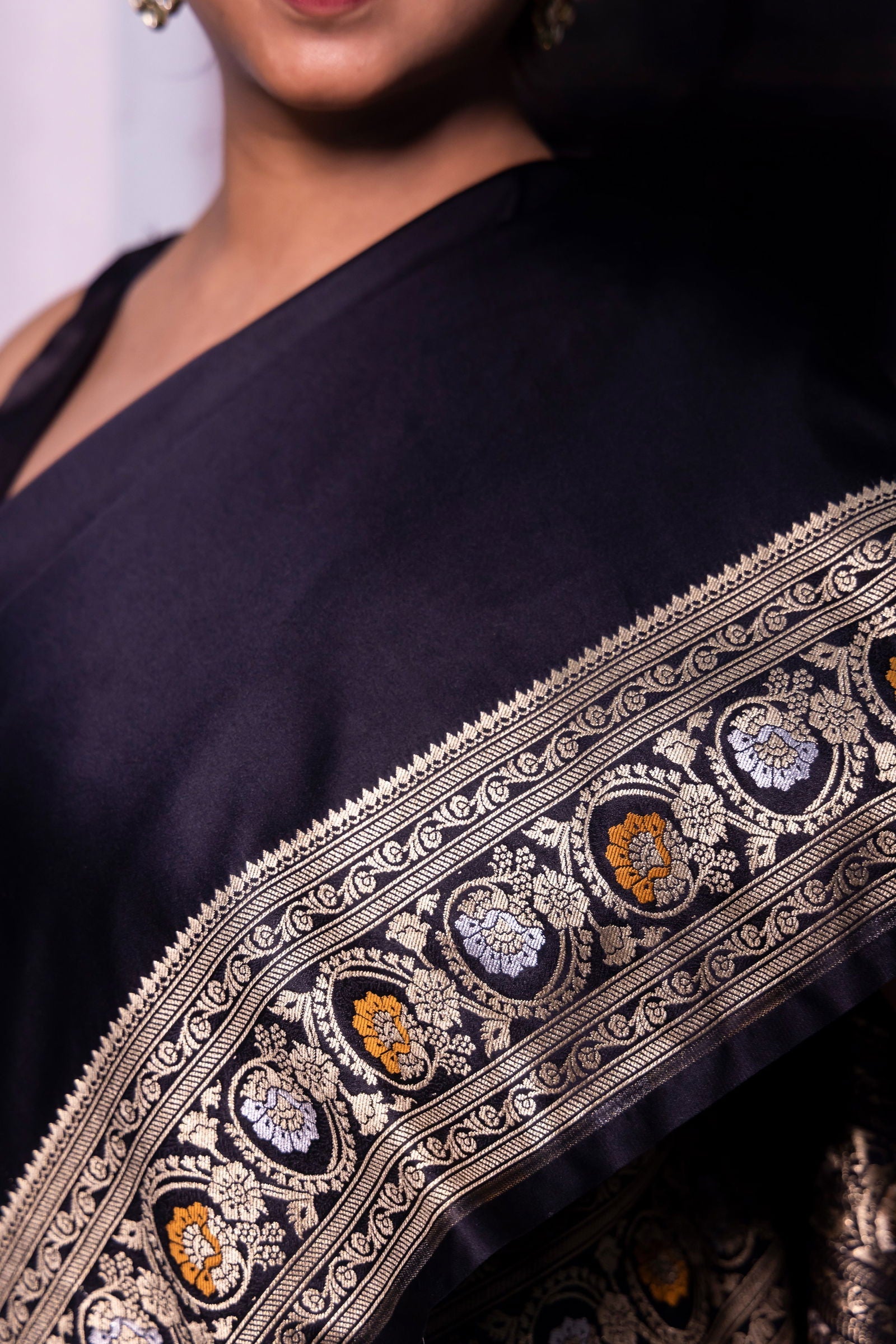 Handloom Black Mashru Satin Silk Banarsi saree - Mayrake
