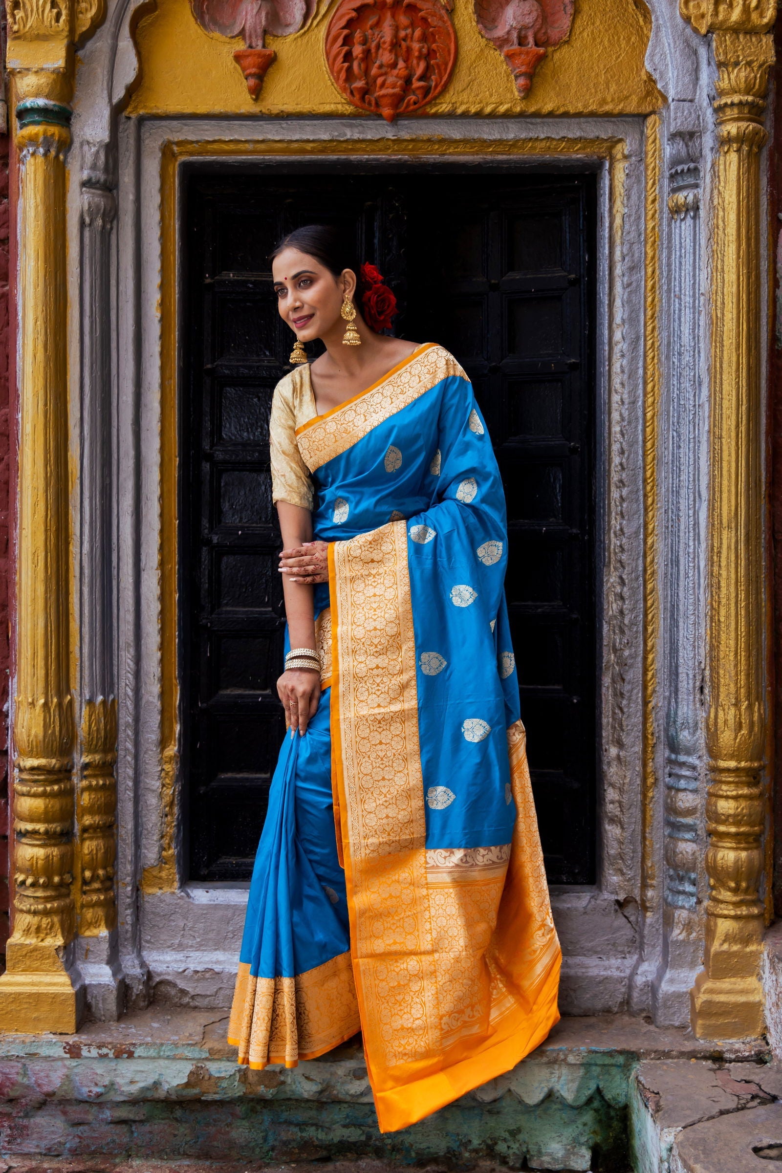Handloom Dark Sky Blue Pure Katan Silk Banarasi Saree with Golden Yellow Border - Mayrake