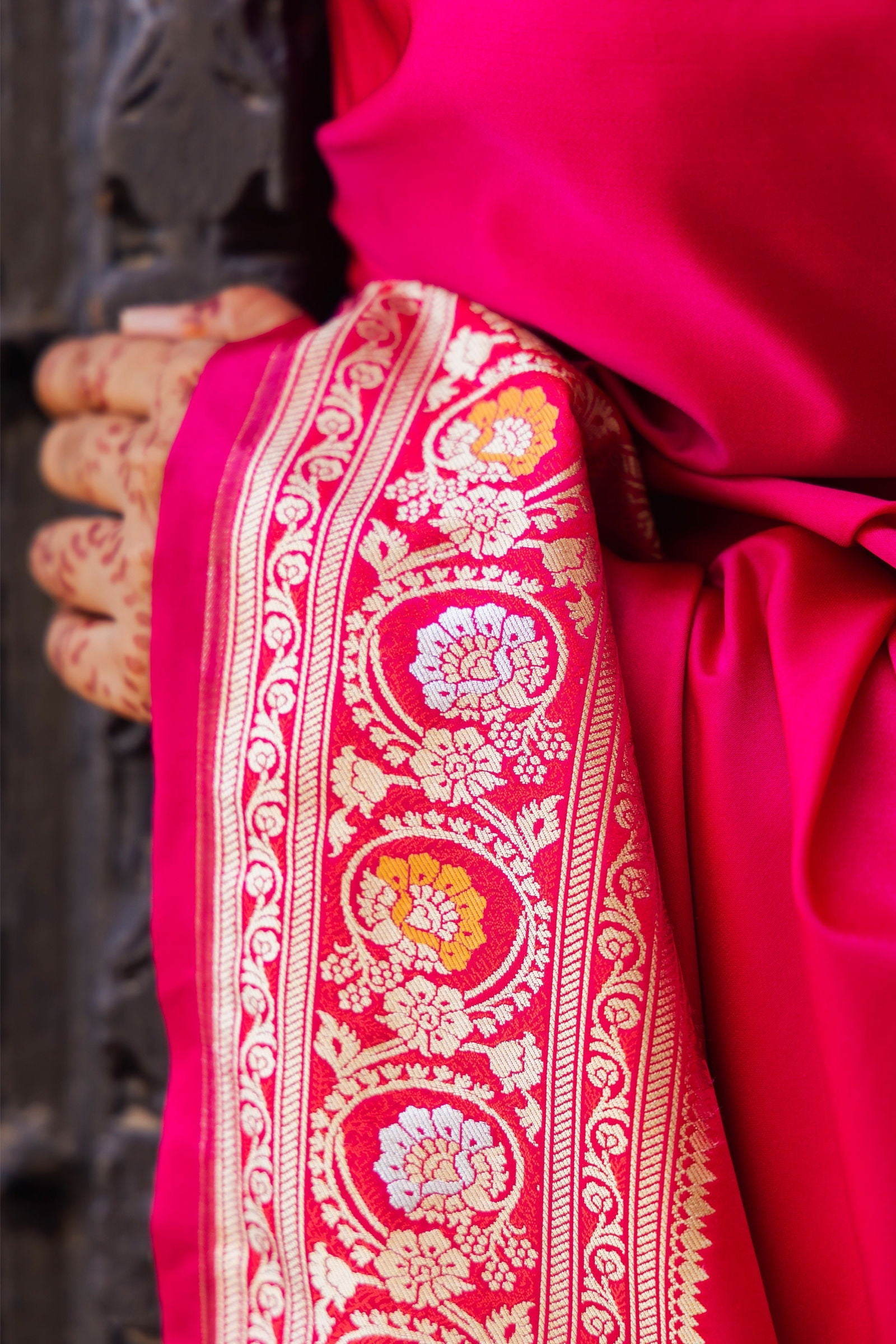 Handloom Fuchsia Pink Mashru Satin Silk Banarsi saree - Mayrake