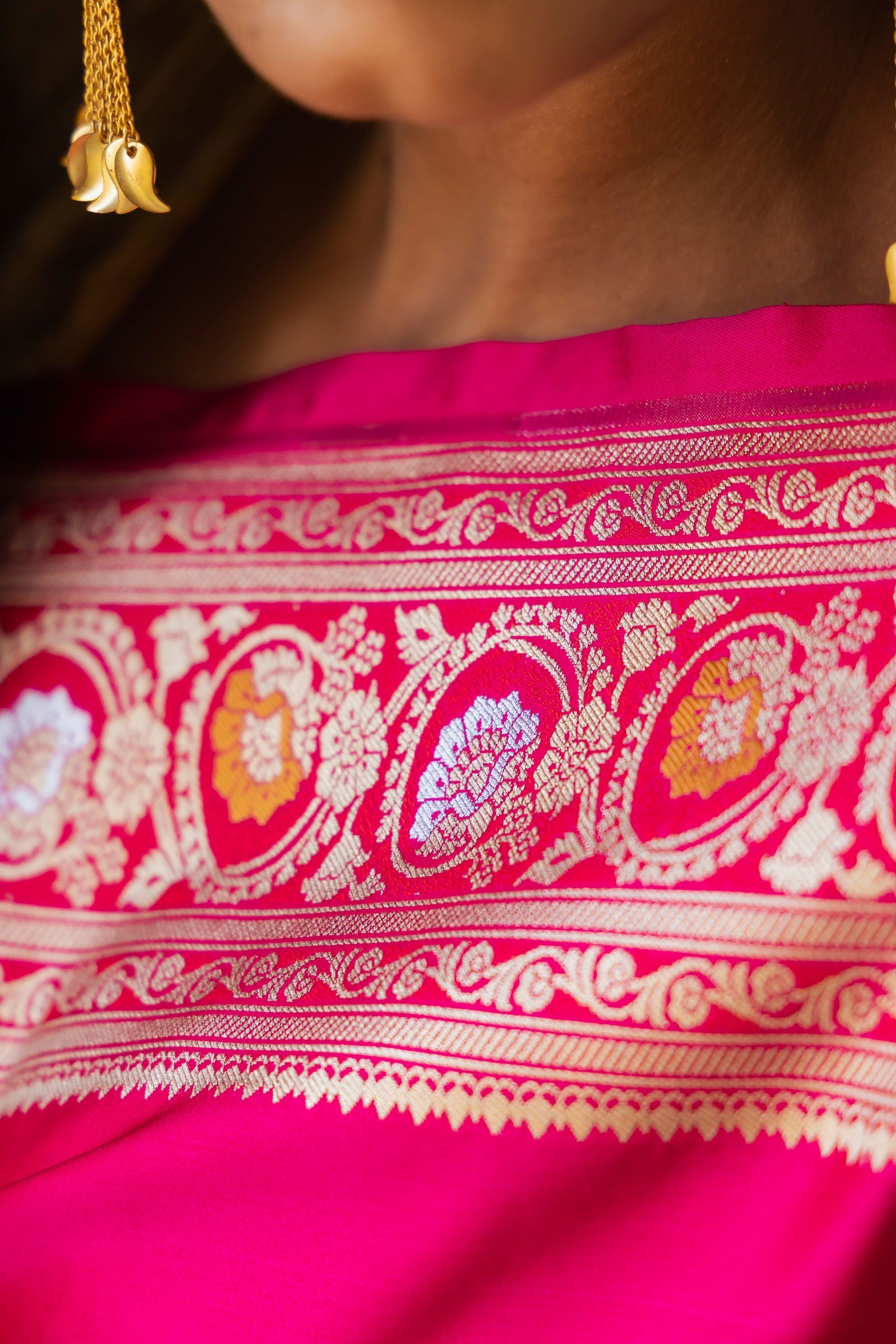 Handloom Fuchsia Pink Mashru Satin Silk Banarsi saree - Mayrake