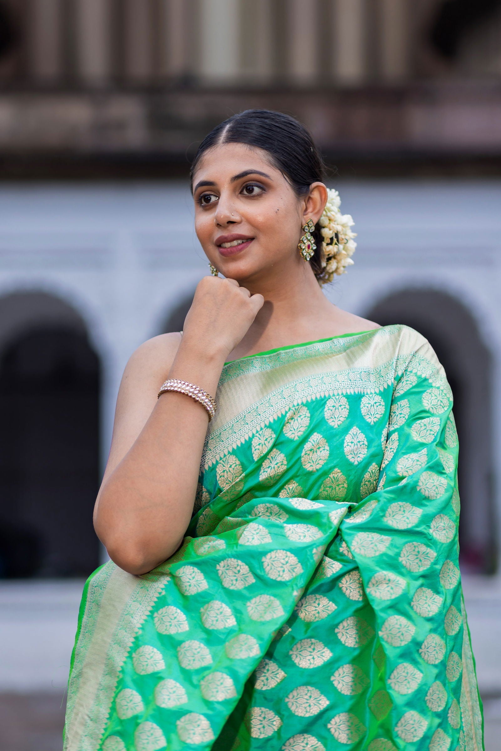 Handloom Green Pure Katan Silk Banarsi Saree - Mayrake