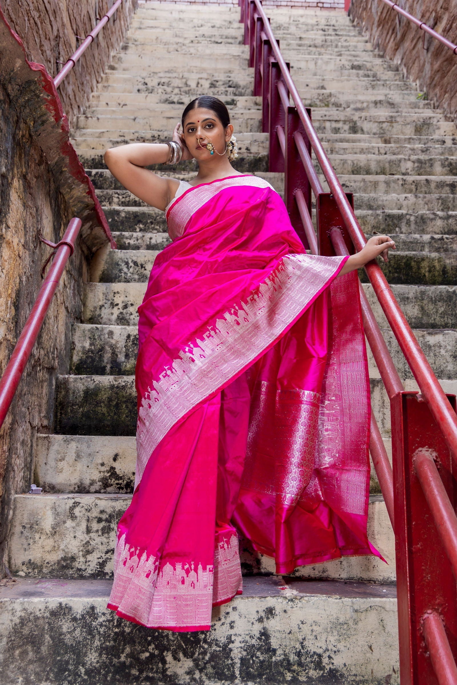 Handloom Hot Pink Katan Ghat Border Banarasi Saree - Mayrake.in