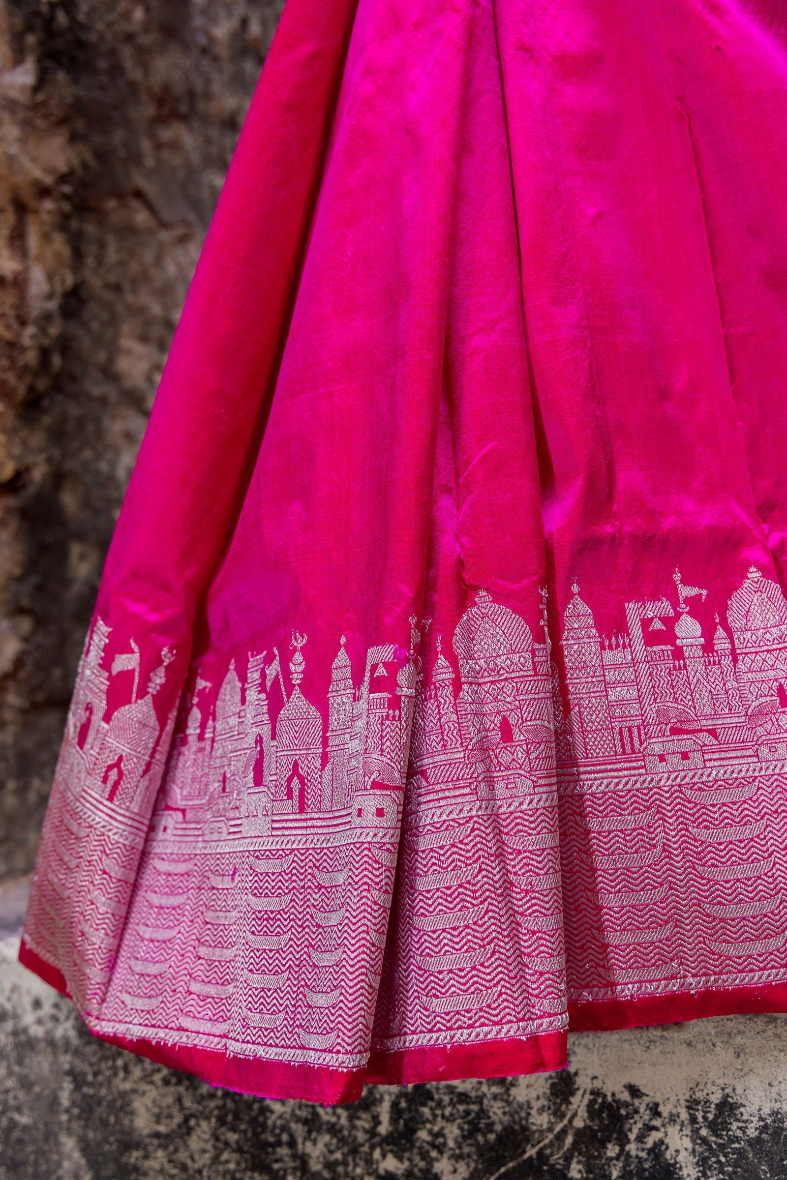 Handloom Hot Pink Katan Ghat Border Banarasi Saree - Mayrake.in
