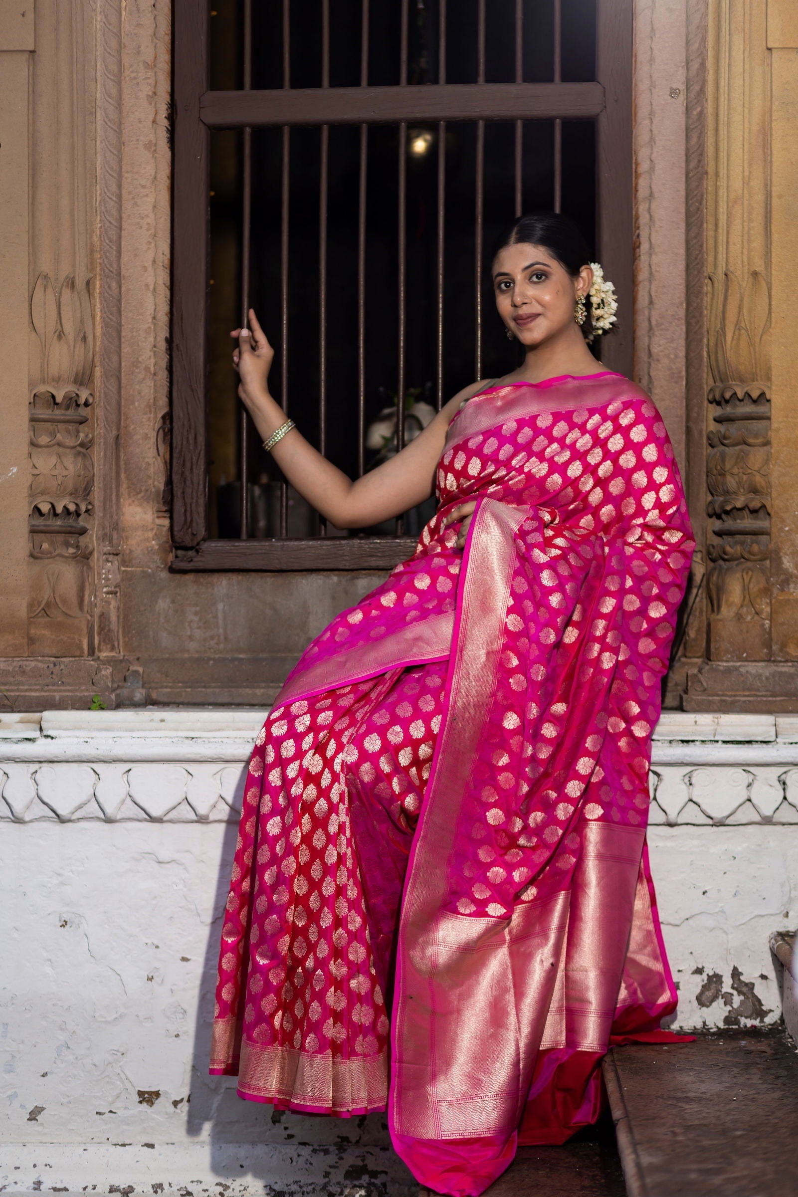 Handloom Hot Pink Pure Katan Silk Banarsi Saree - Mayrake