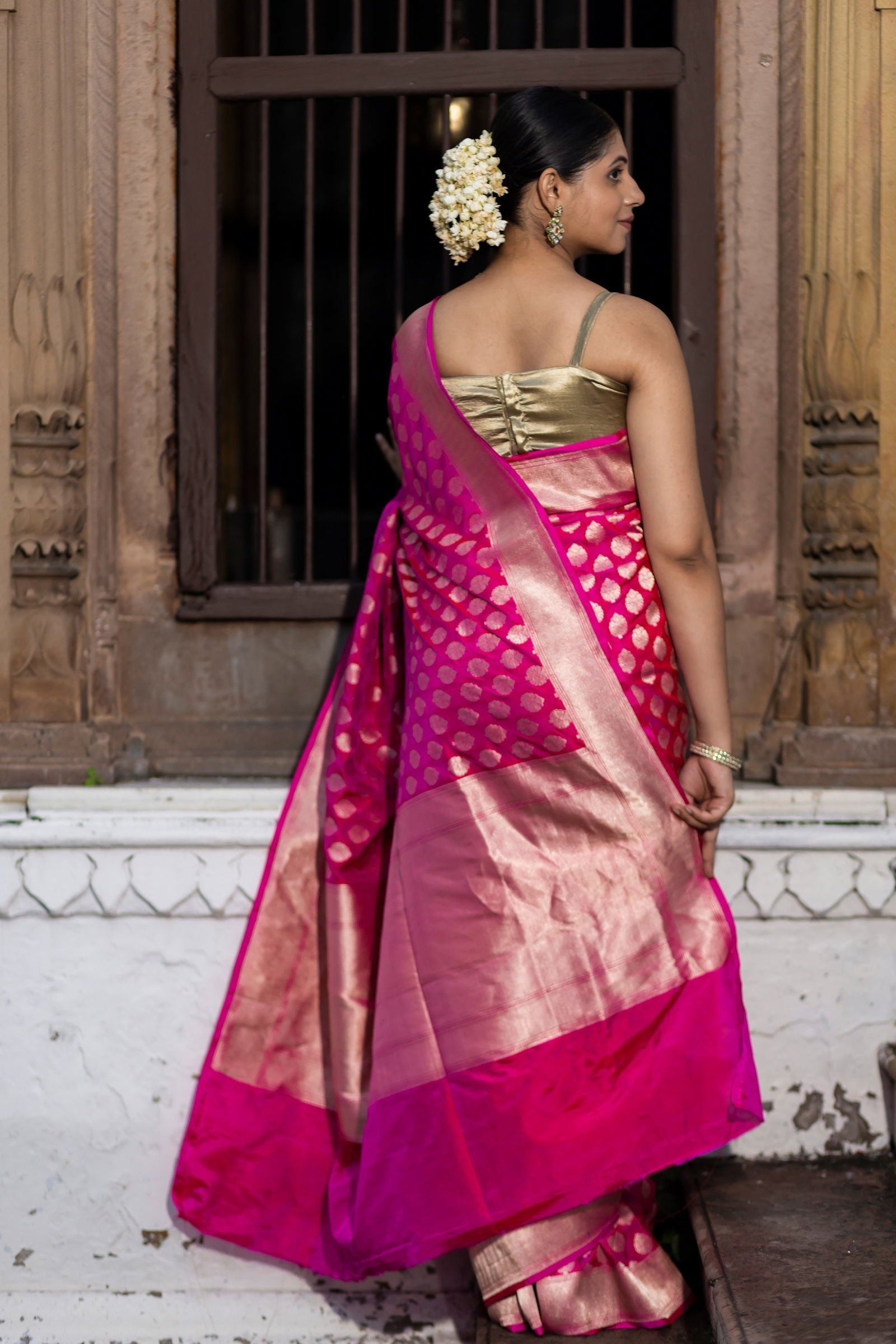 Handloom Hot Pink Pure Katan Silk Banarsi Saree - Mayrake