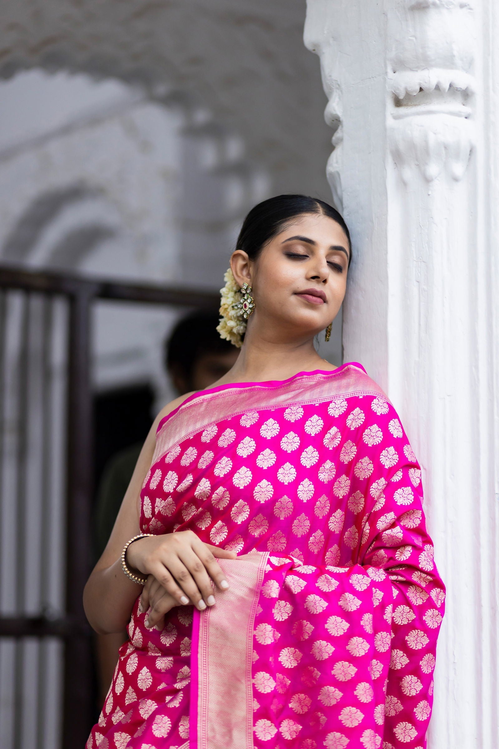 Handloom Hot Pink Pure Katan Silk Banarsi Saree - Mayrake