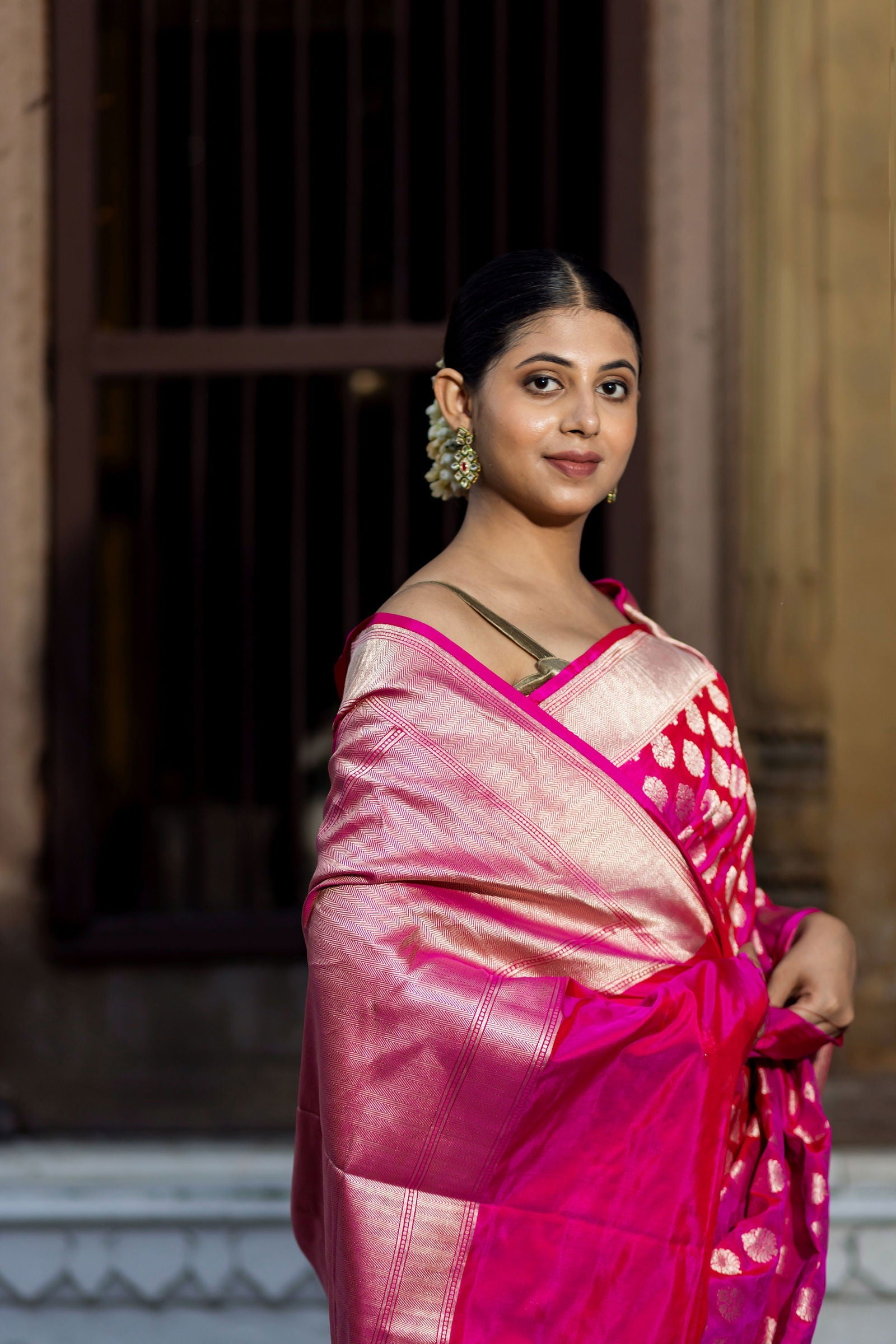 Handloom Hot Pink Pure Katan Silk Banarsi Saree - Mayrake