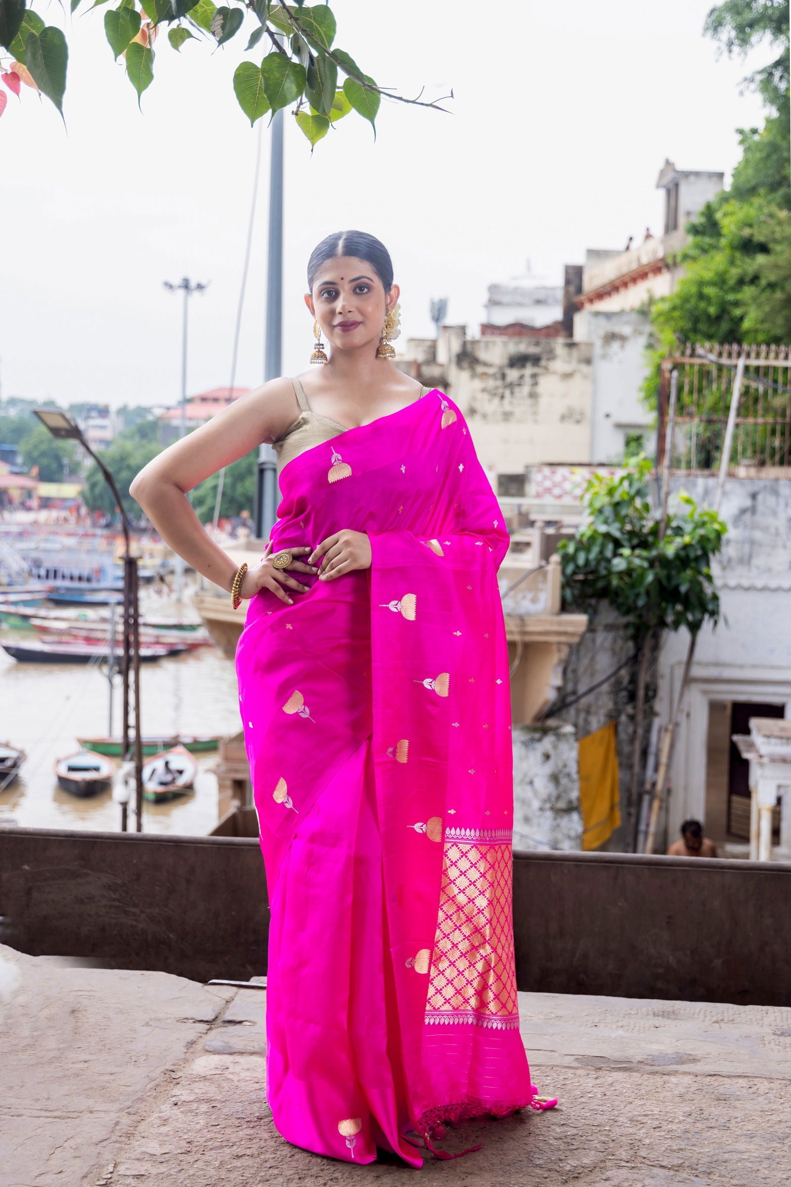 Handloom Hot Pink Pure Katan Silk Banarsi Saree - Mayrake