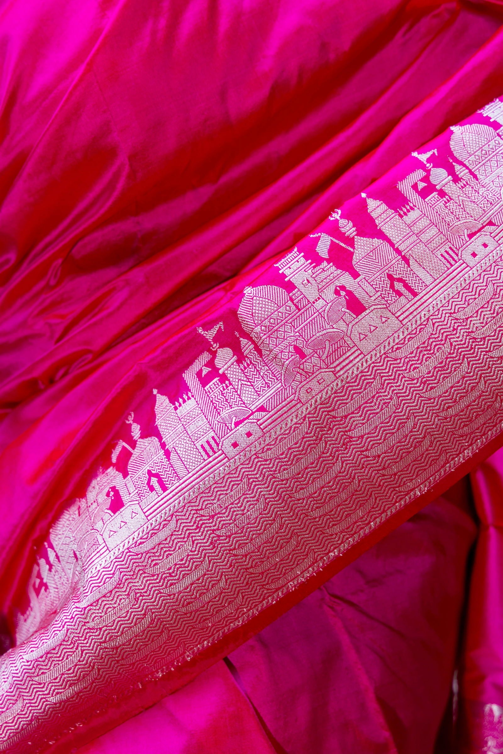 Handloom Hot Pink Pure Katan ghat border Banarasi Saree - Mayrake
