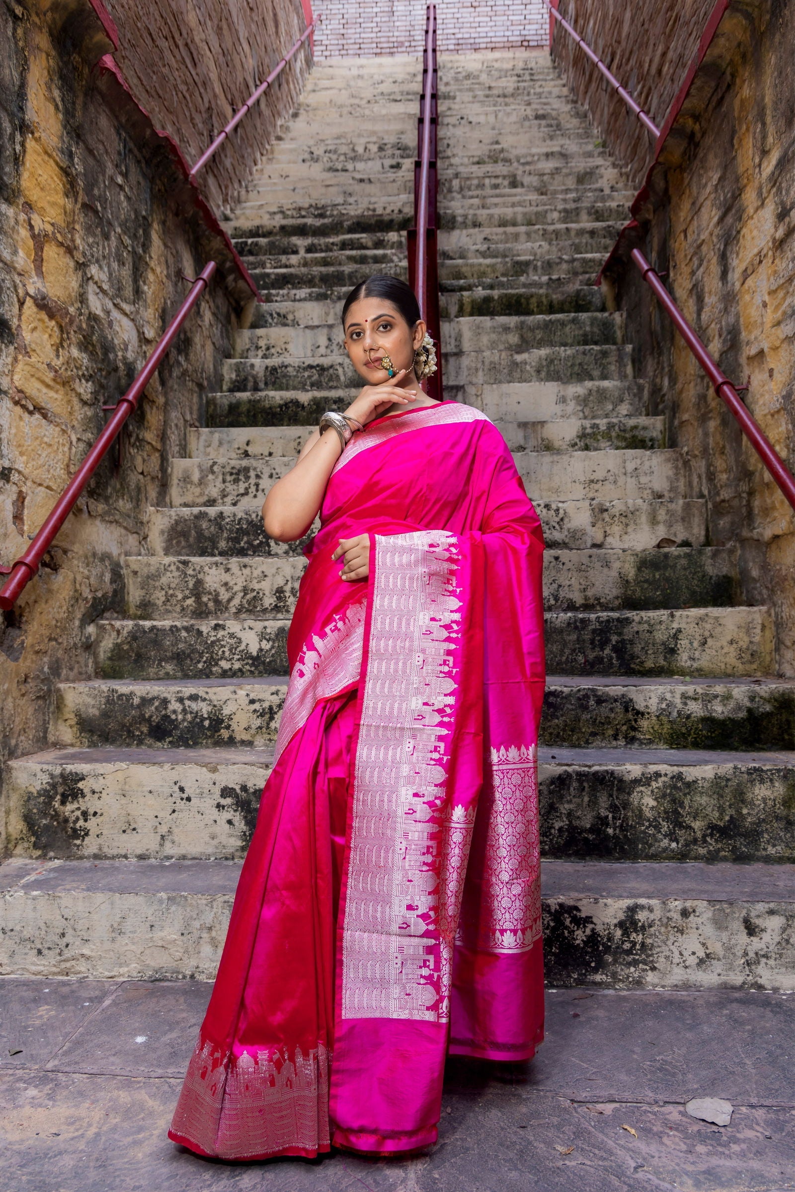 Handloom Hot Pink Pure Katan ghat border Banarasi Saree - Mayrake