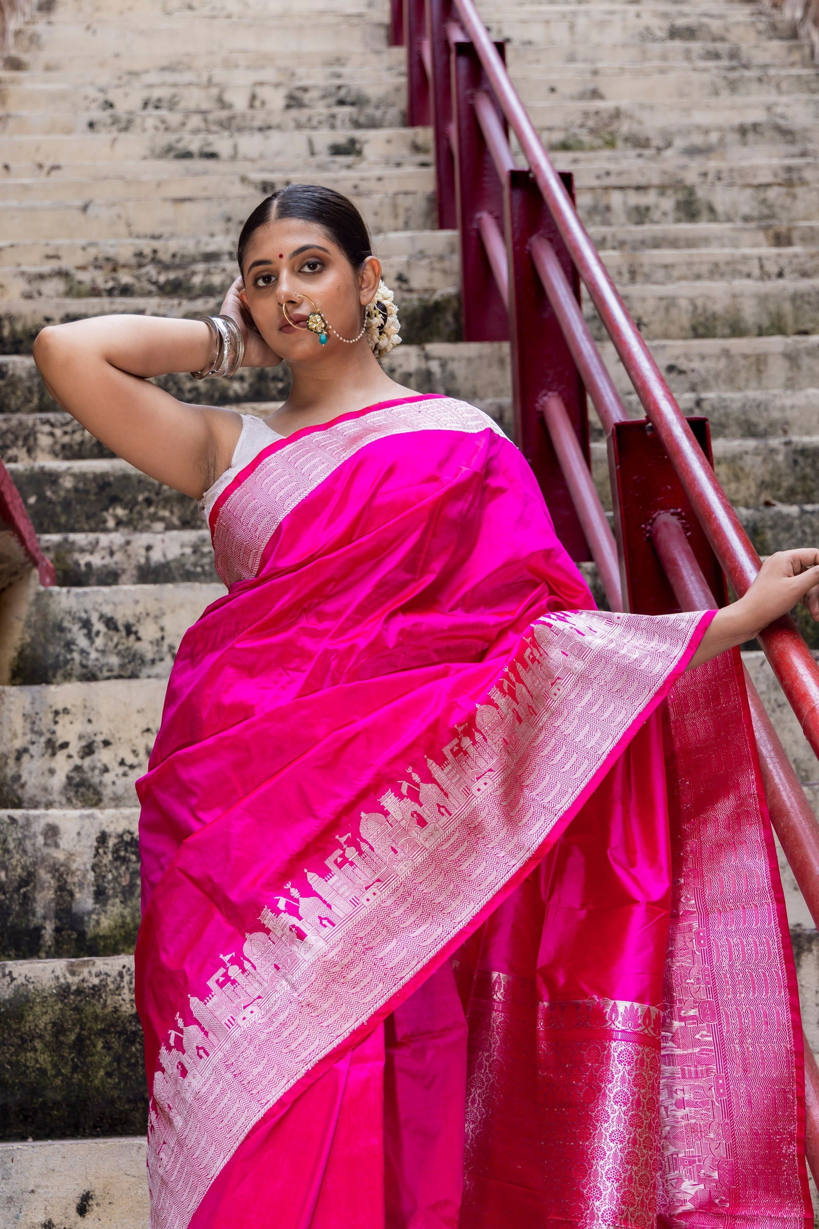 Handloom Hot Pink Pure Katan ghat border Banarasi Saree - Mayrake