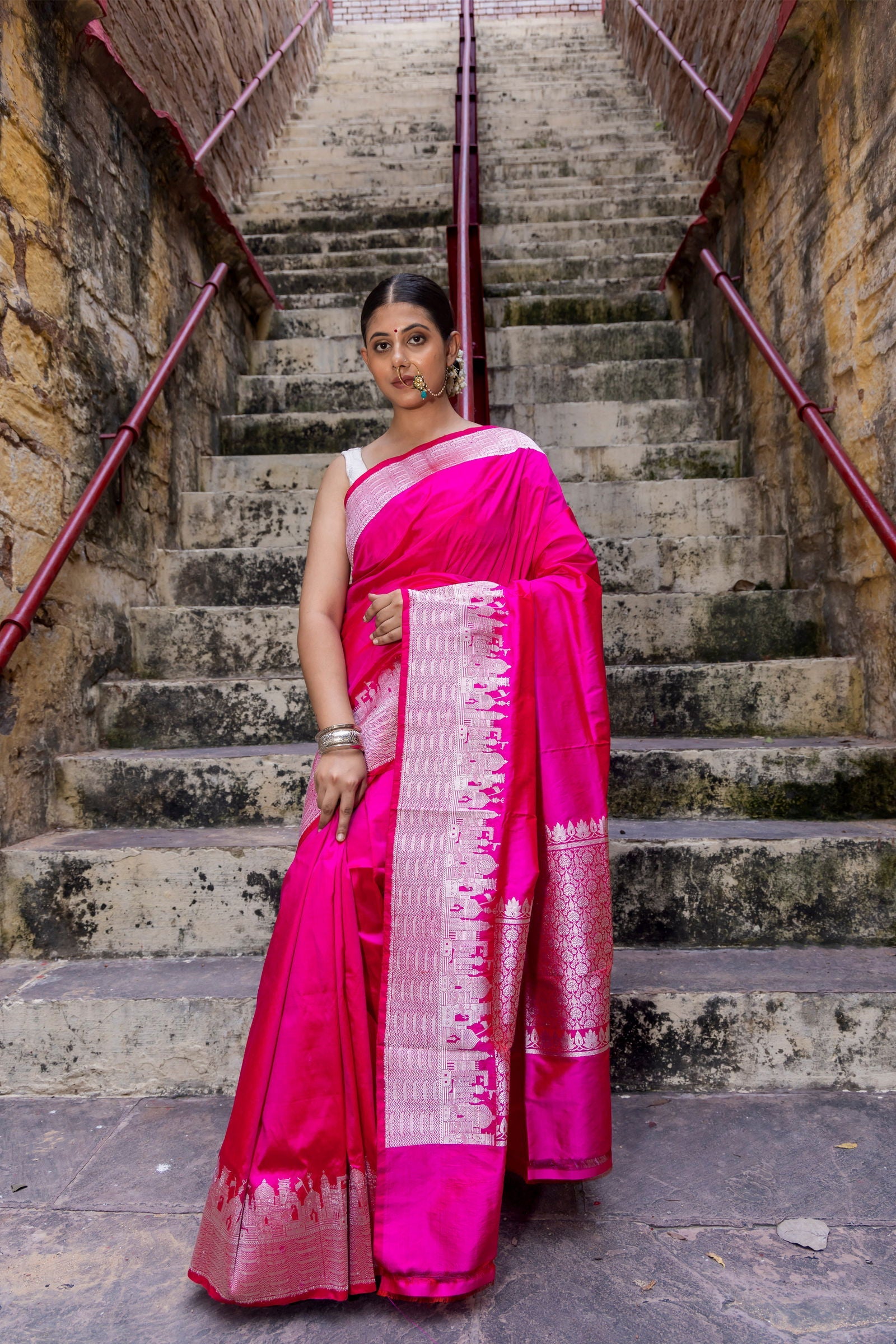 Handloom Hot Pink Pure Katan ghat border Banarasi Saree - Mayrake