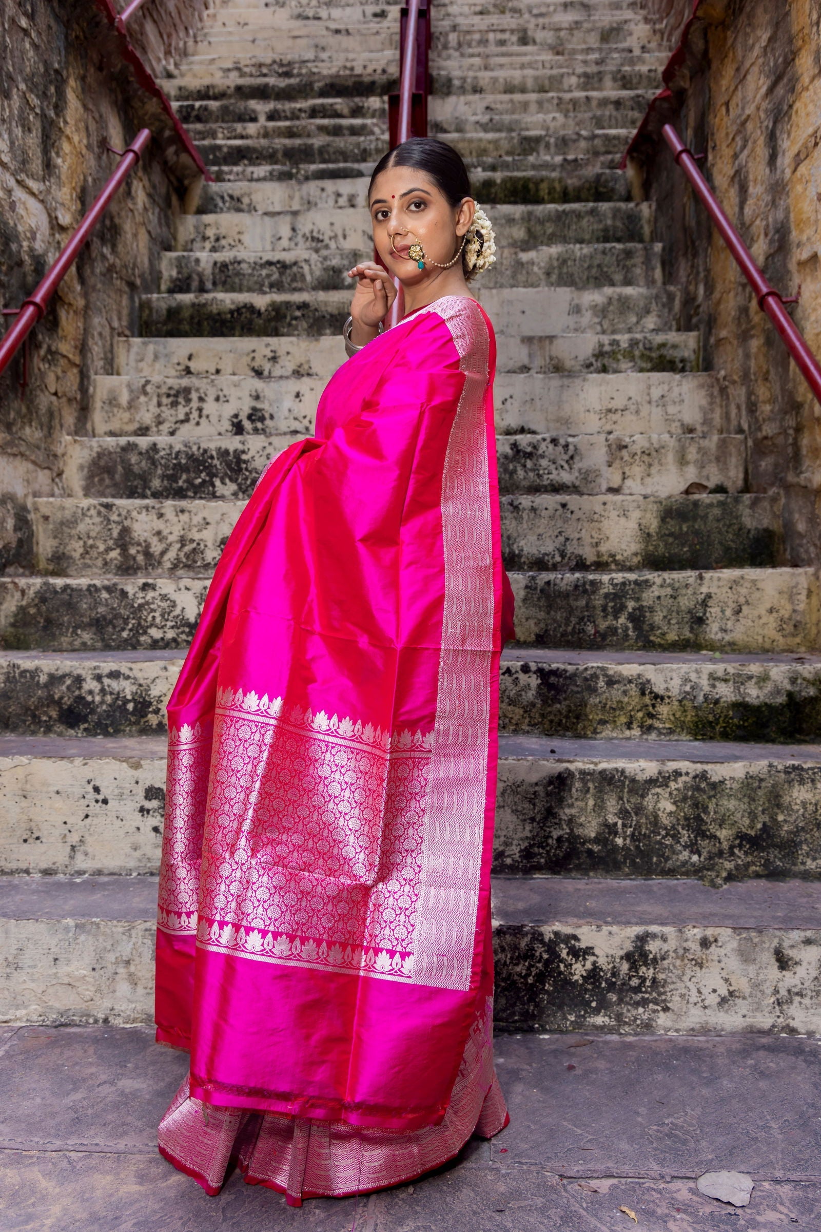 Handloom Hot Pink Pure Katan ghat border Banarasi Saree - Mayrake