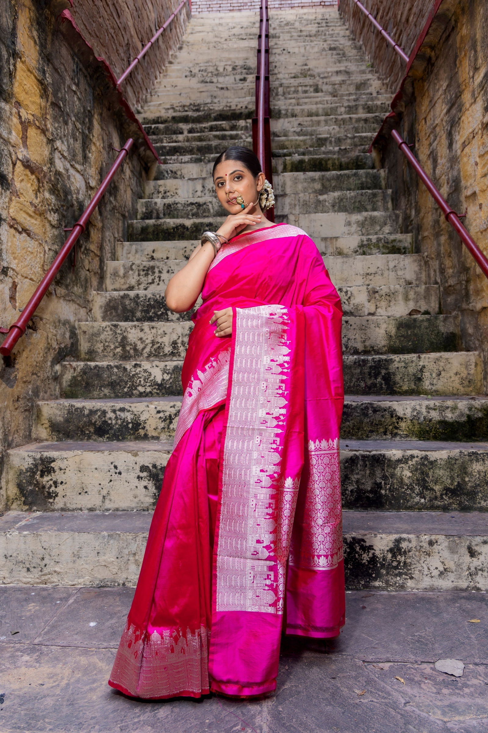 Handloom Hot Pink Pure Katan ghat border Banarasi Saree - Mayrake