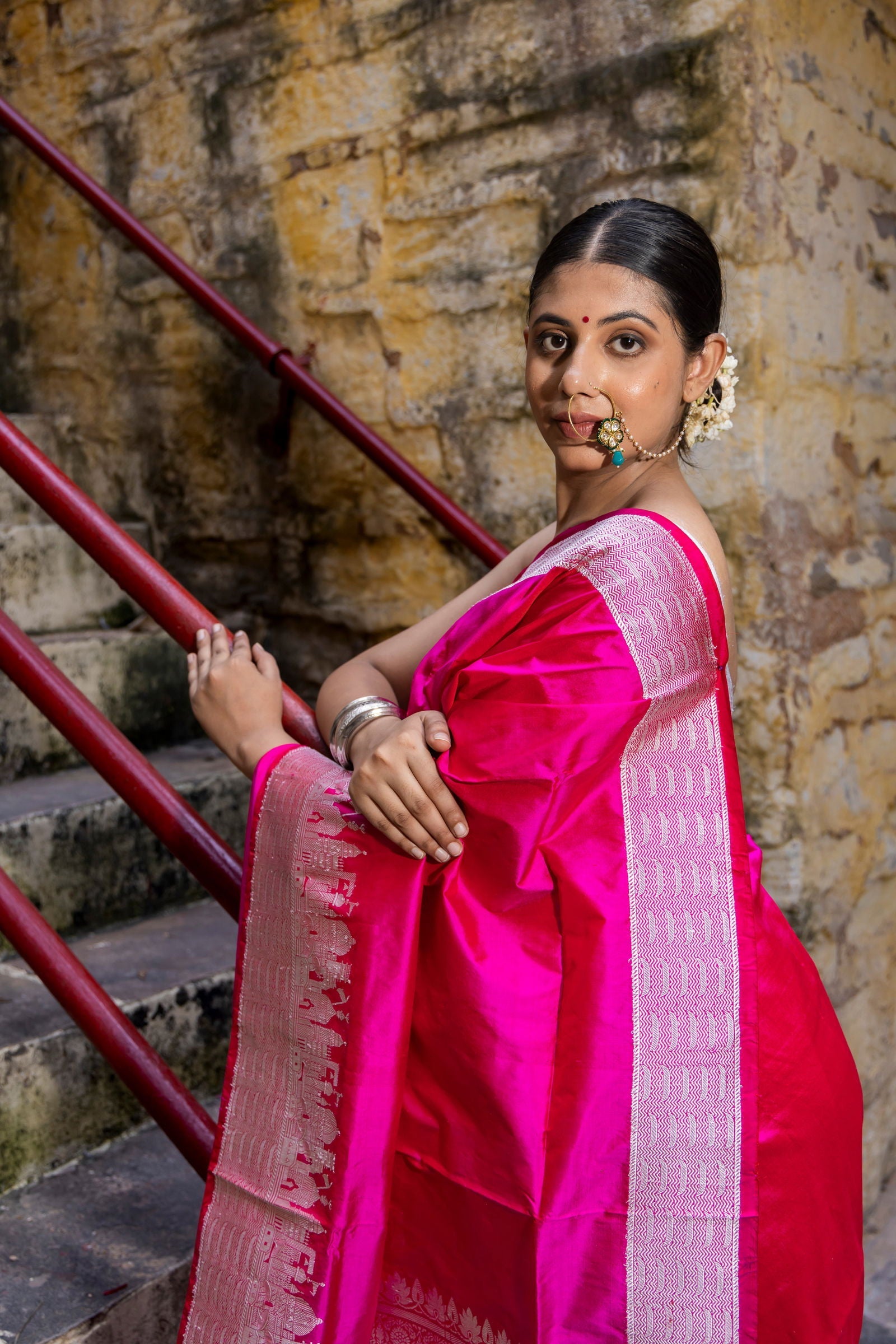 Handloom Hot Pink Pure Katan ghat border Banarasi Saree - Mayrake