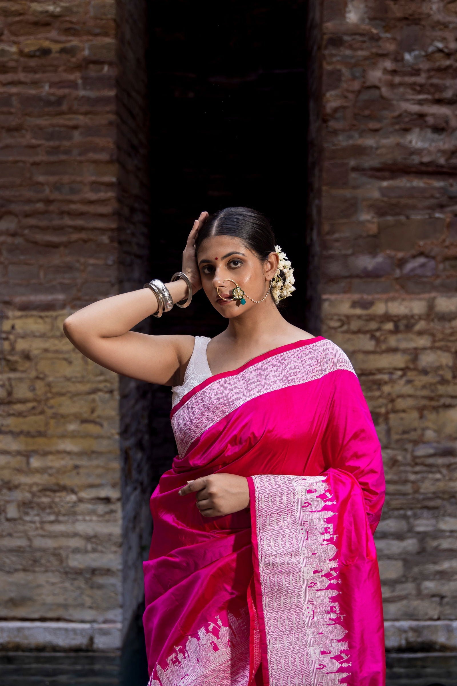 Handloom Hot Pink Pure Katan ghat border Banarasi Saree - Mayrake