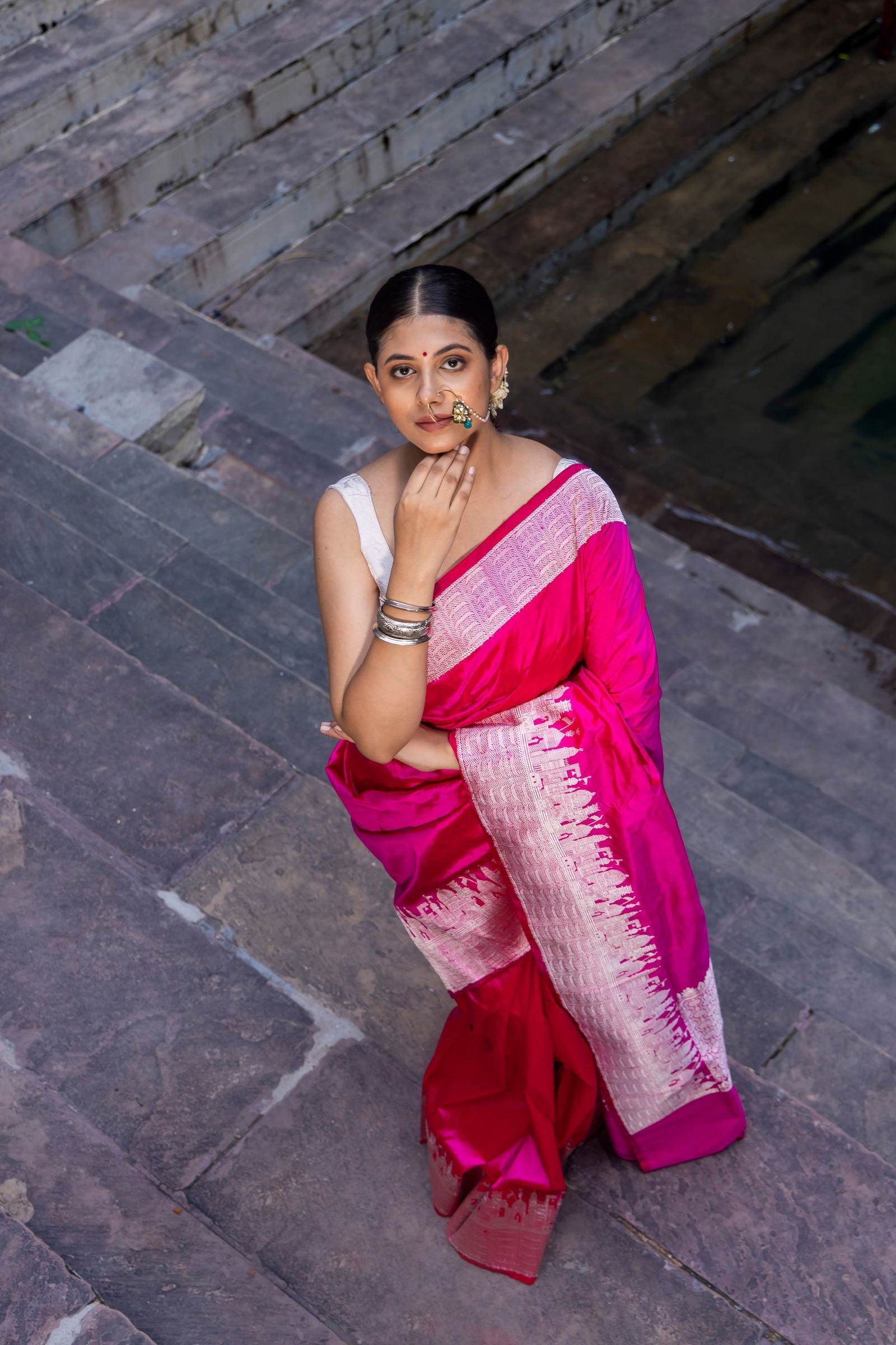 Handloom Hot Pink Pure Katan ghat border Banarasi Saree - Mayrake