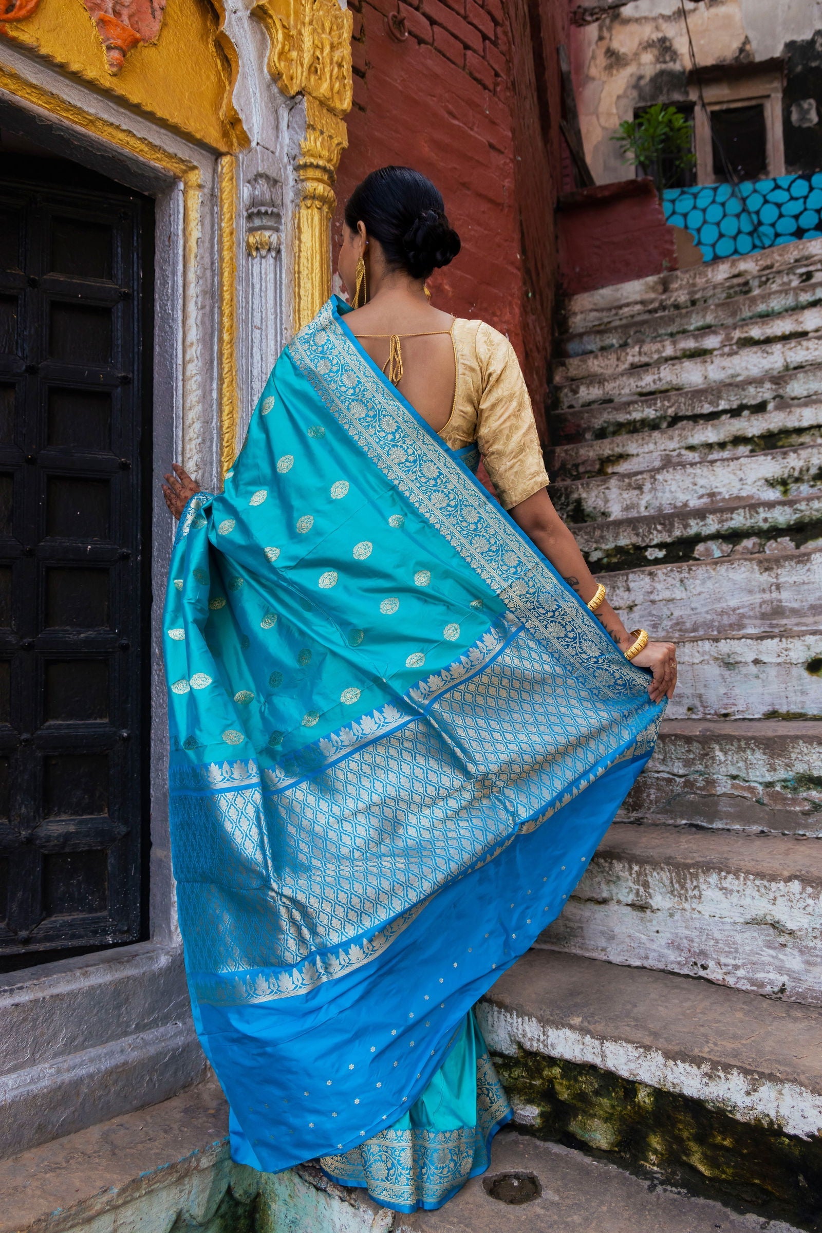 Handloom Light sky blue Pure Katan Silk Banarsi Saree - Mayrake