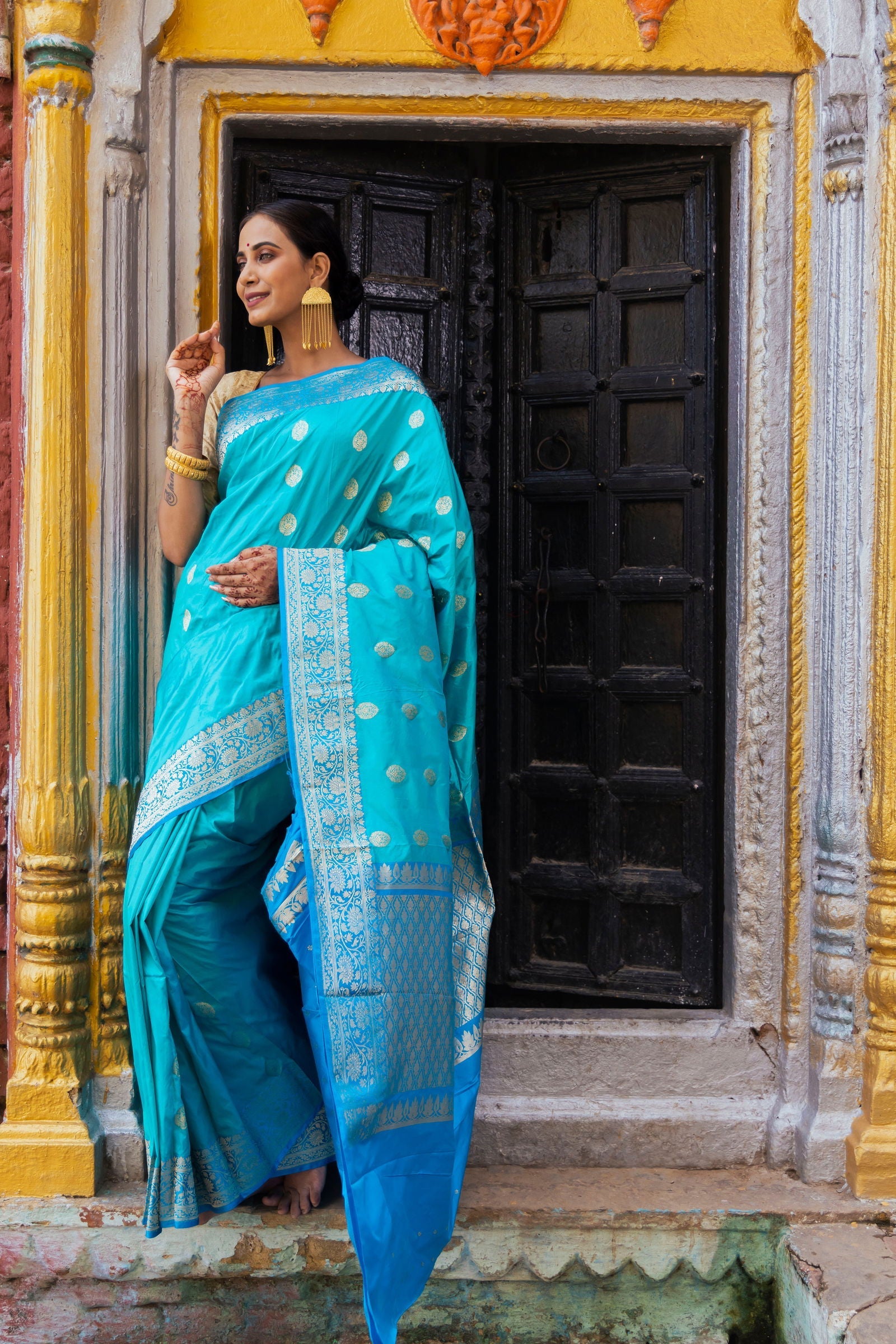 Handloom Light sky blue Pure Katan Silk Banarsi Saree - Mayrake