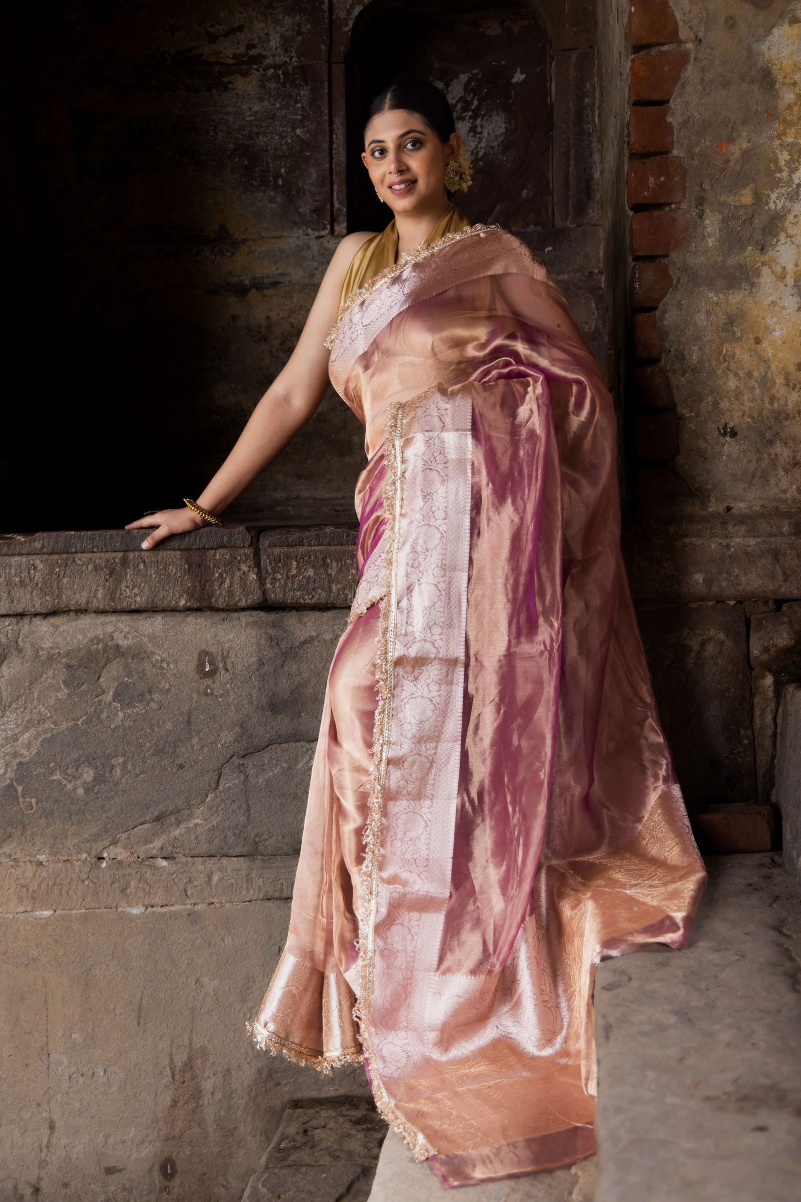 Handloom Peach Pure Katan Tissue Silk Banarasi Saree