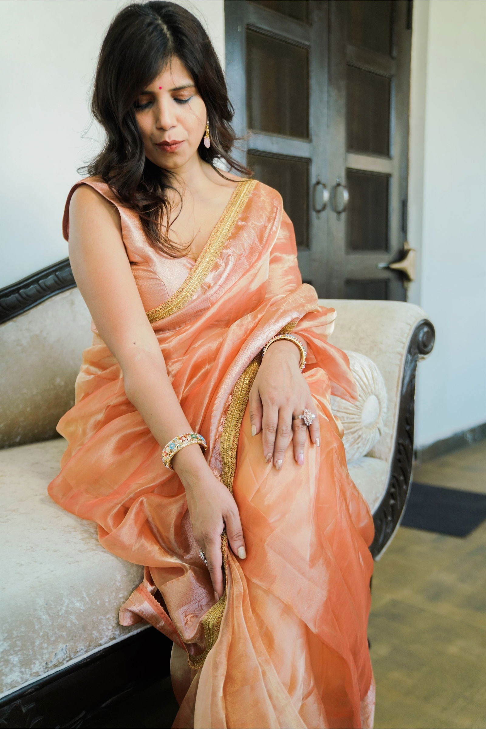 Handloom Peach Pink Pure Katan Tissue Silk Banarasi Saree - Mayrake.in