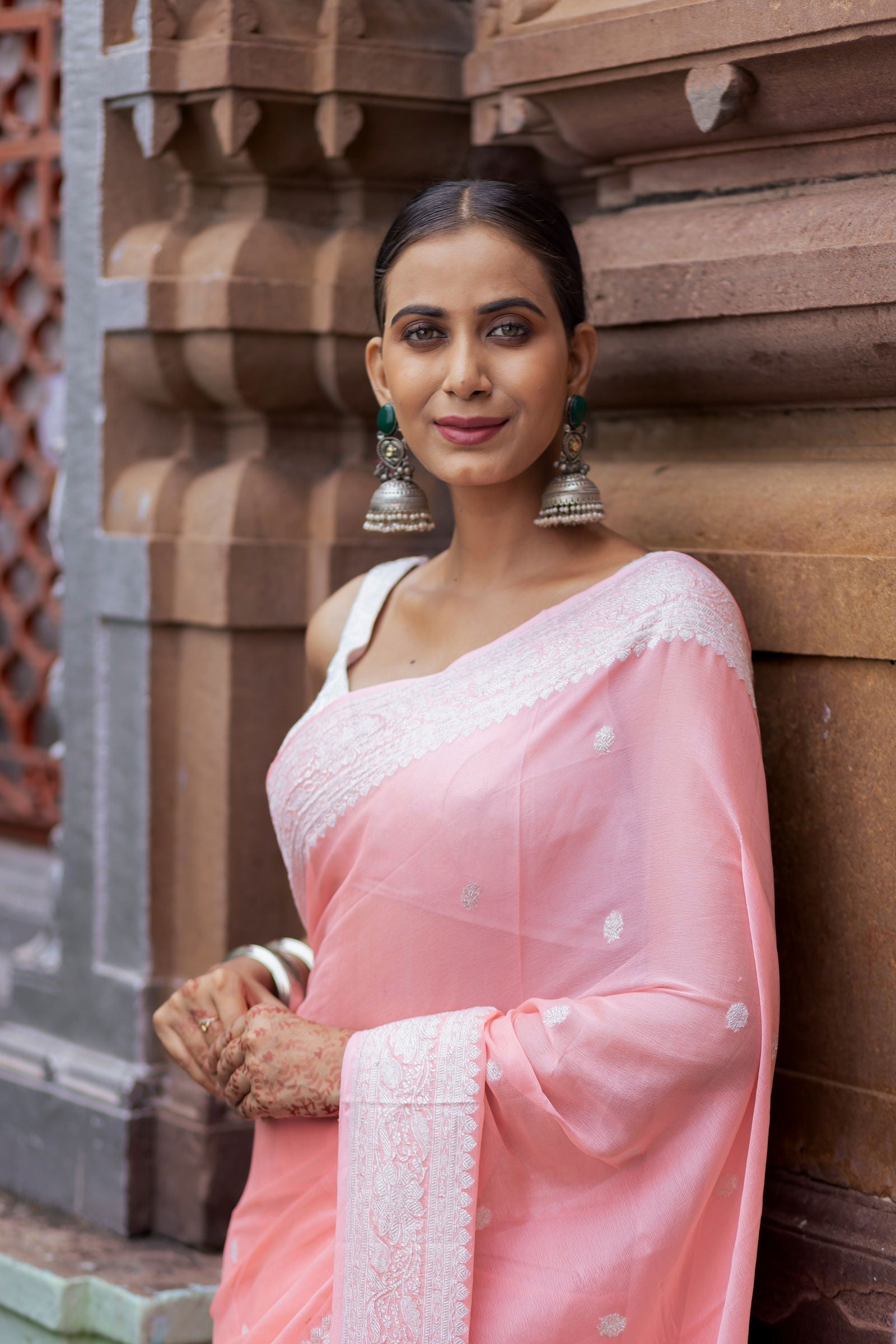 Handloom Peach Pure Khaddi Chiffon Banarsi Saree - Mayrake