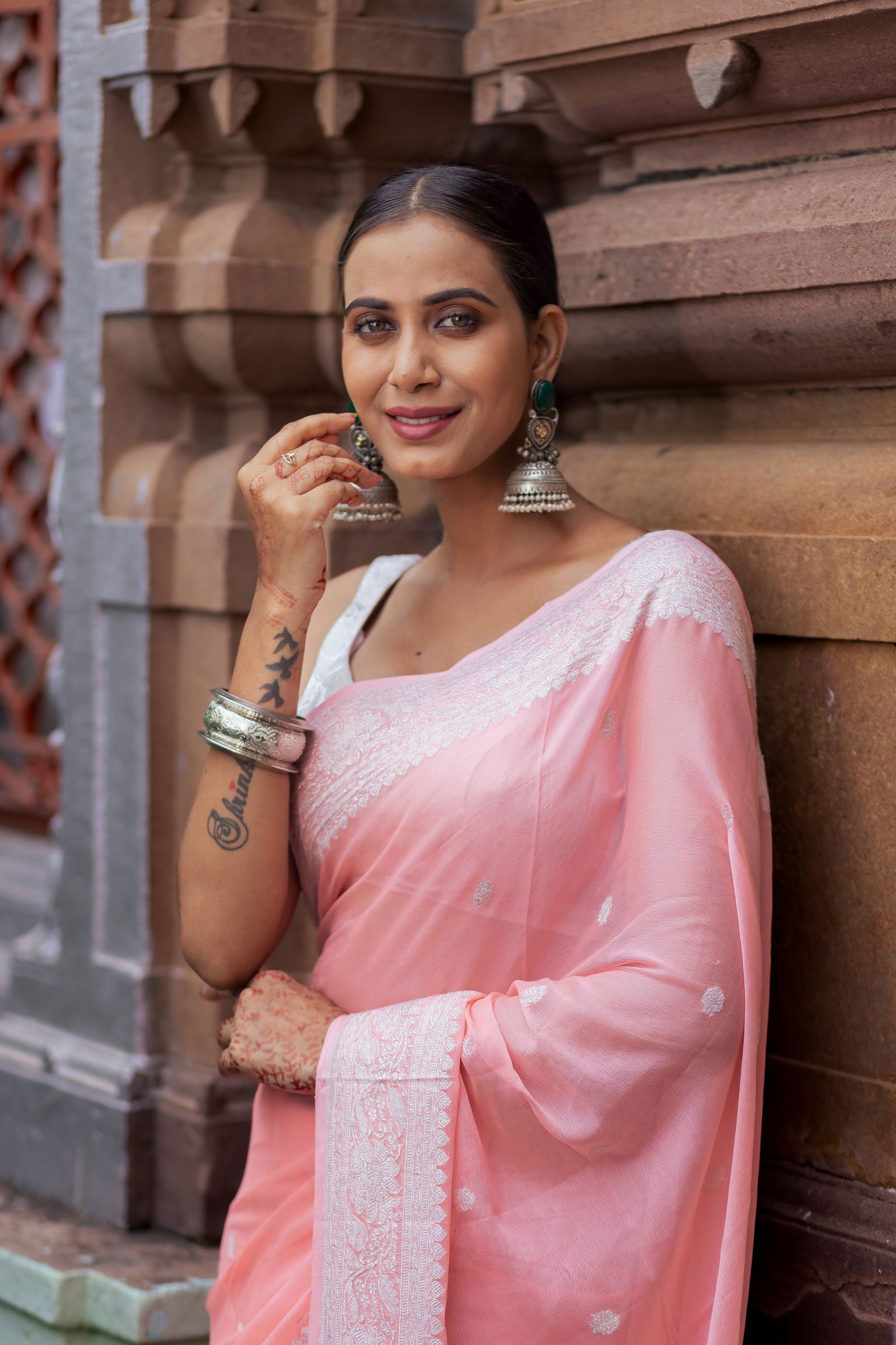 Handloom Peach Pure Khaddi Chiffon Banarsi Saree - Mayrake