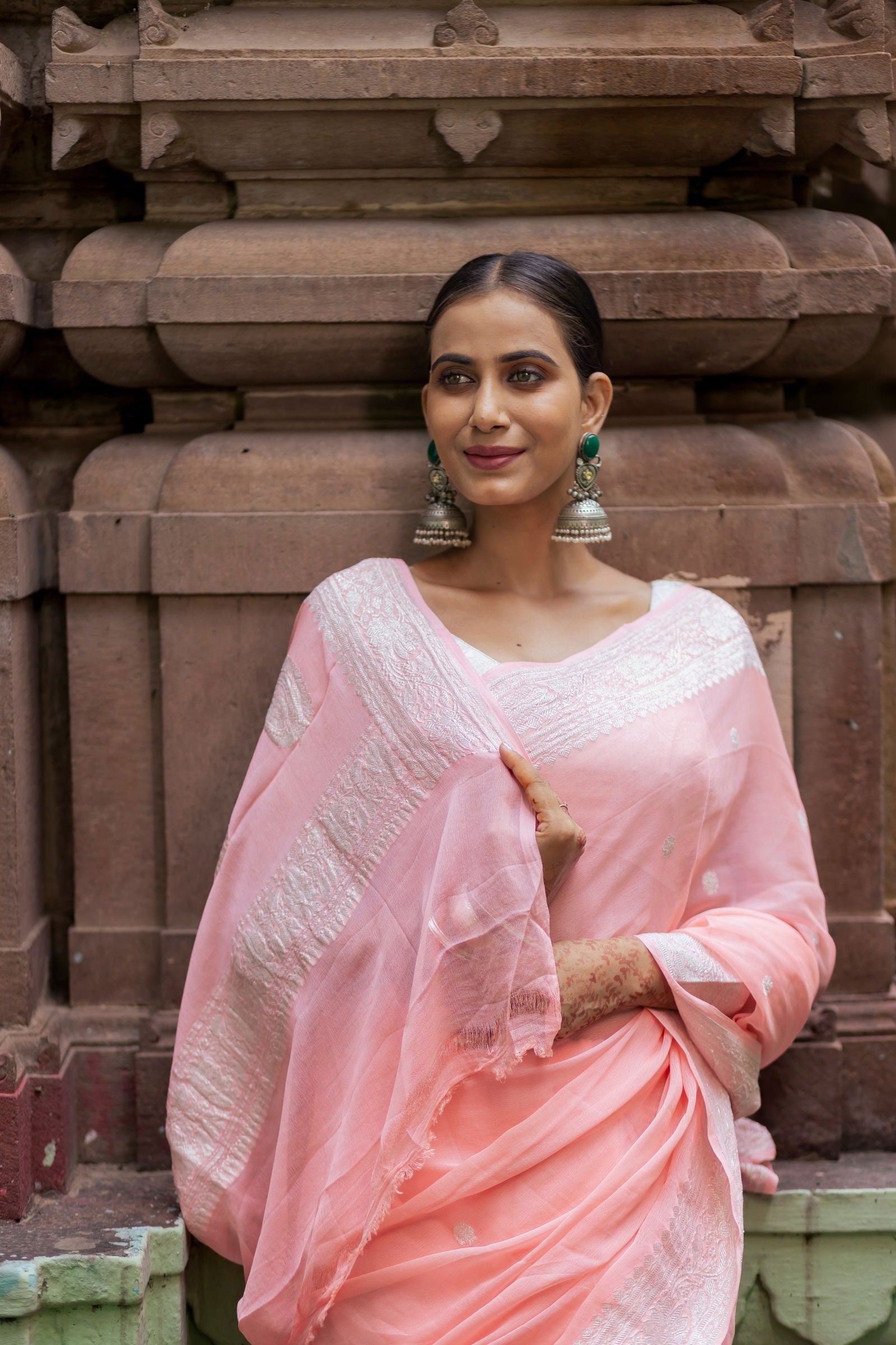 Handloom Peach Pure Khaddi Chiffon Banarsi Saree - Mayrake