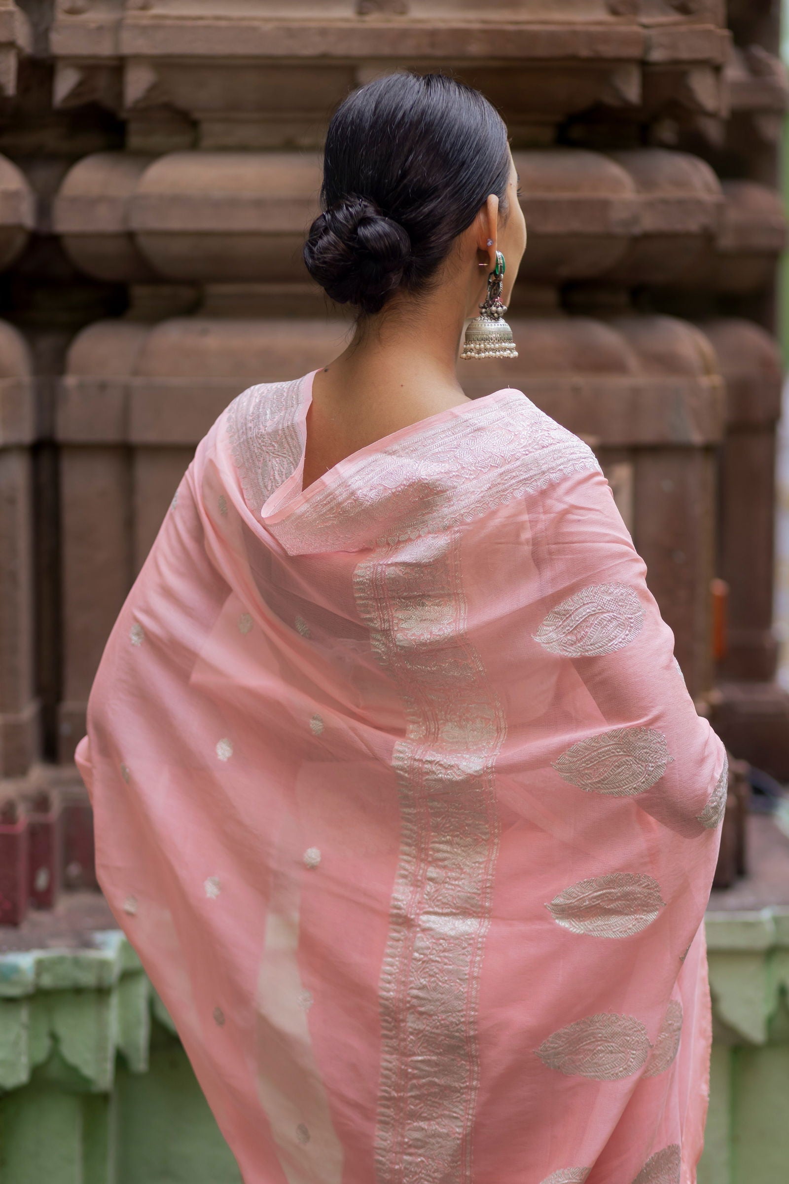 Handloom Peach Pure Khaddi Chiffon Banarsi Saree - Mayrake