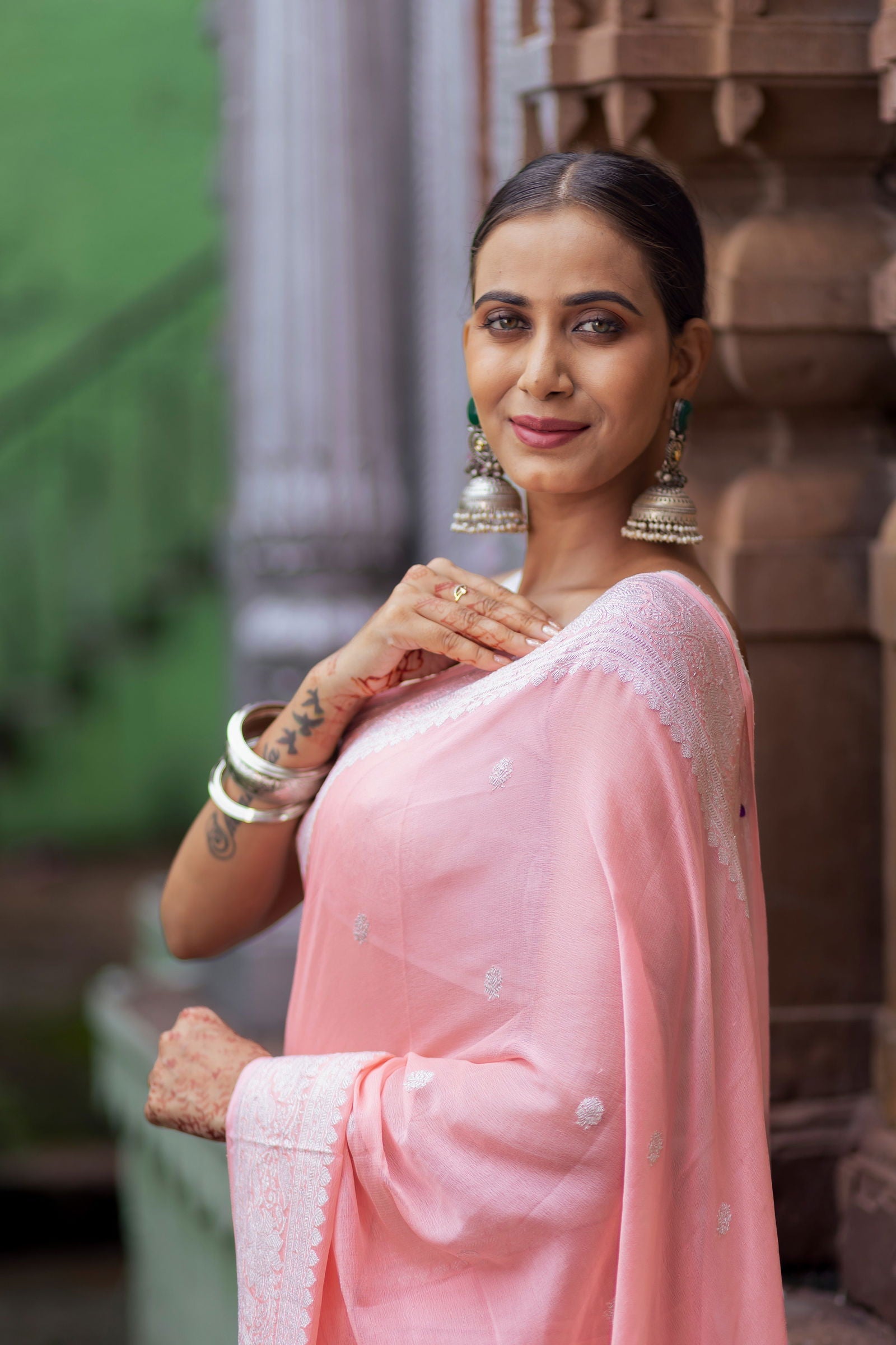 Handloom Peach Pure Khaddi Chiffon Banarsi Saree - Mayrake