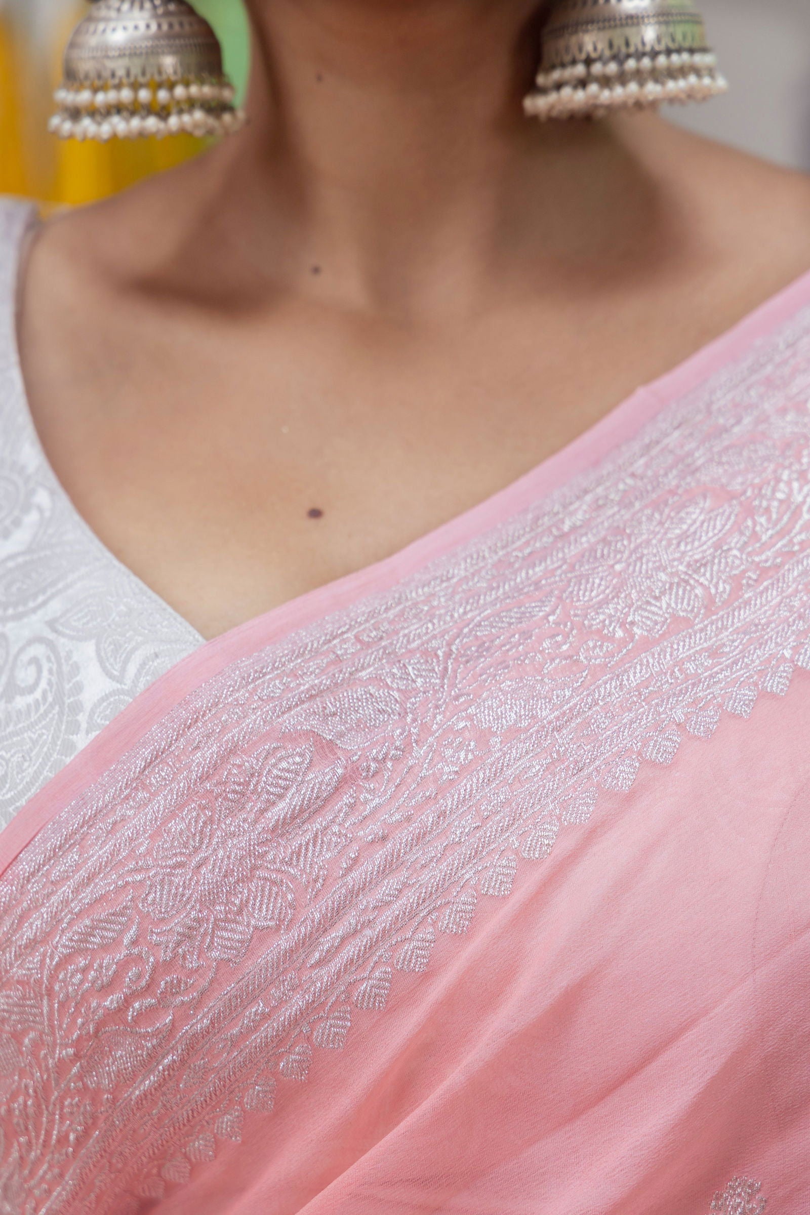 Handloom Peach Pure Khadi Chiffon Banarasi Saree - Mayrake.in