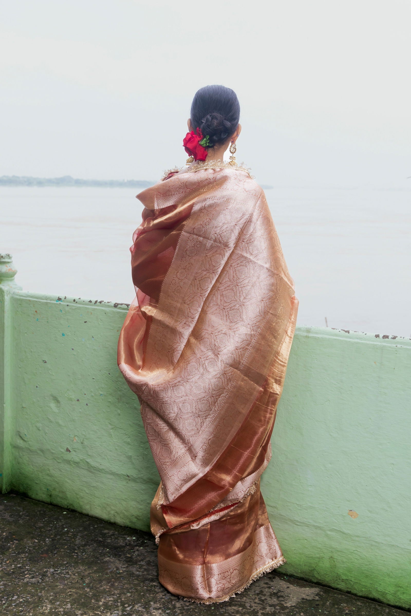 Handloom Peach Pure Tissue Silk Banarsi Saree - Mayrake