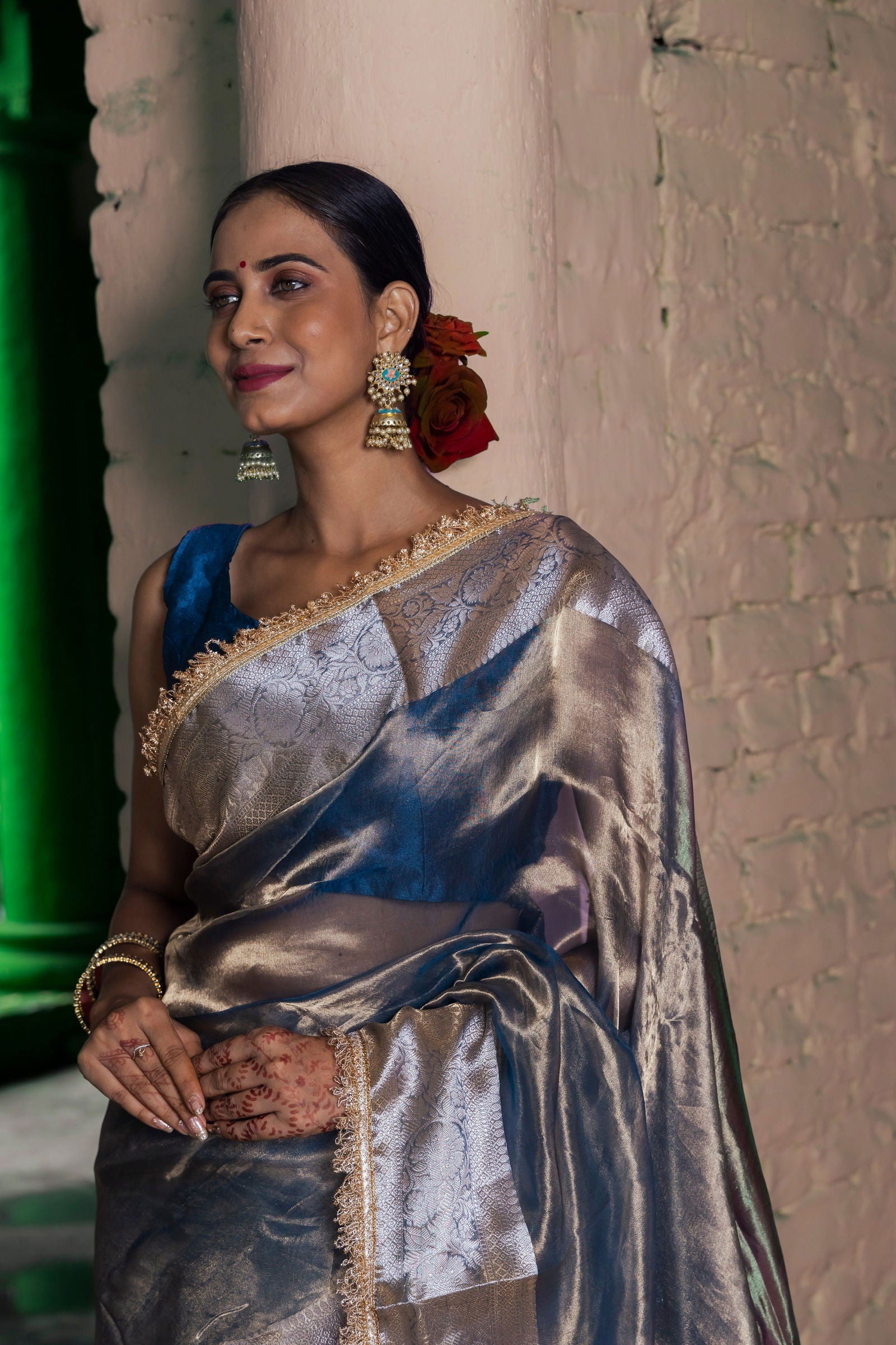 Handloom Peacock Blue Pure Katan Tissue Silk Banarasi Saree - Mayrake.in