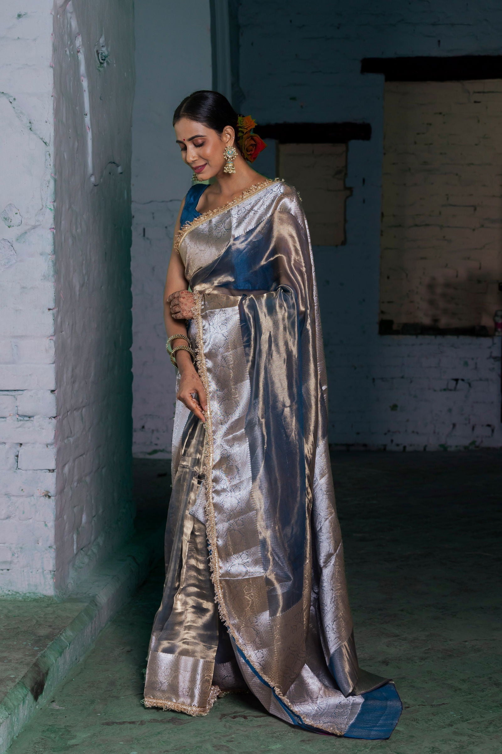 Handloom Purple Blue Pure Katan Tissue Silk Banarasi Saree