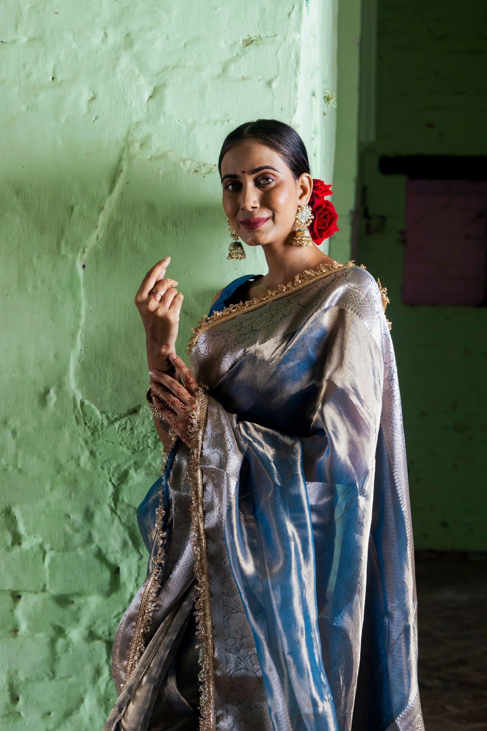 Handloom Peacock Blue Pure Katan Tissue Silk Banarasi Saree - Mayrake.in