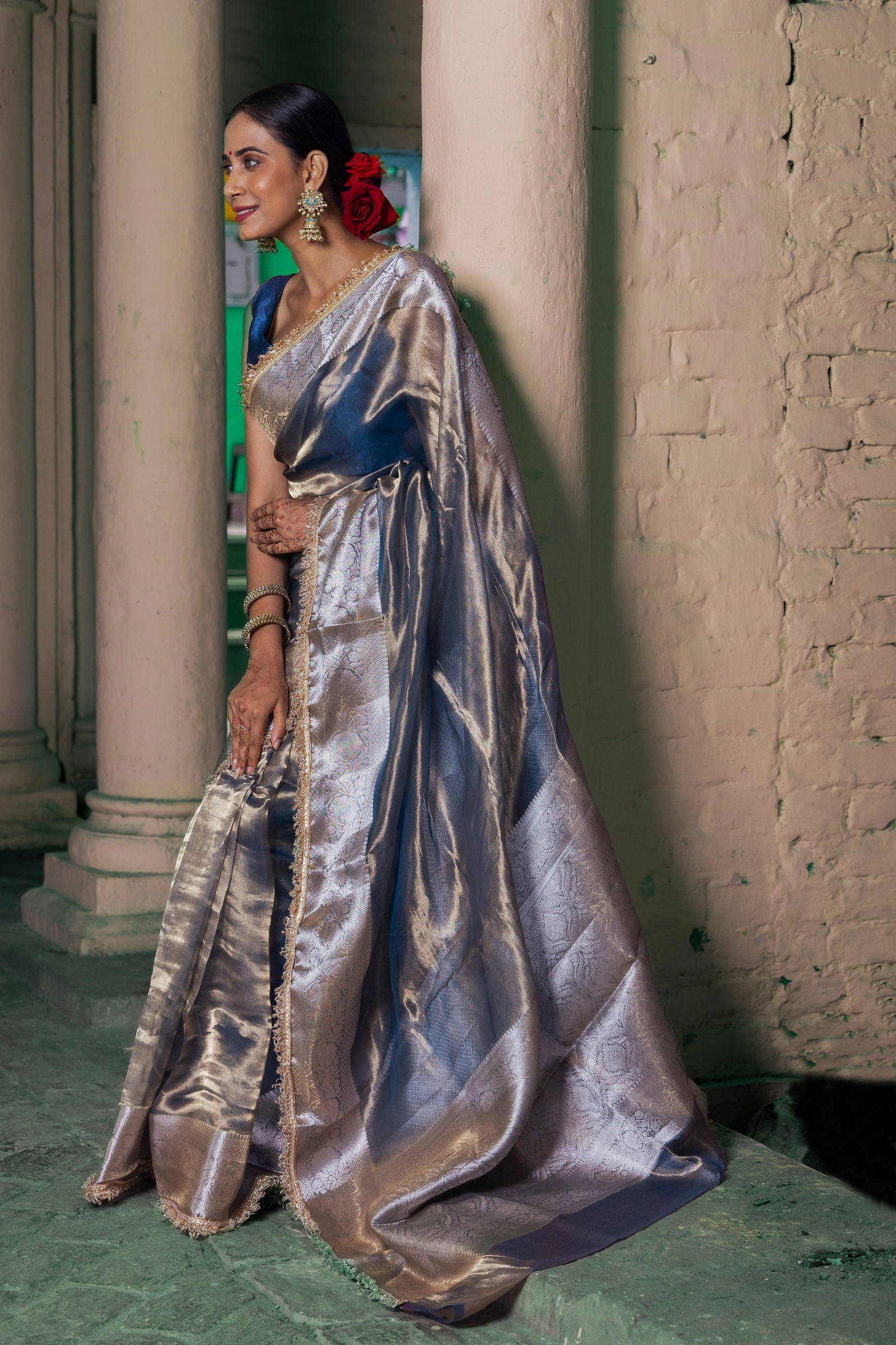 Handloom Peacock Blue Pure Katan Tissue Silk Banarasi Saree - Mayrake.in