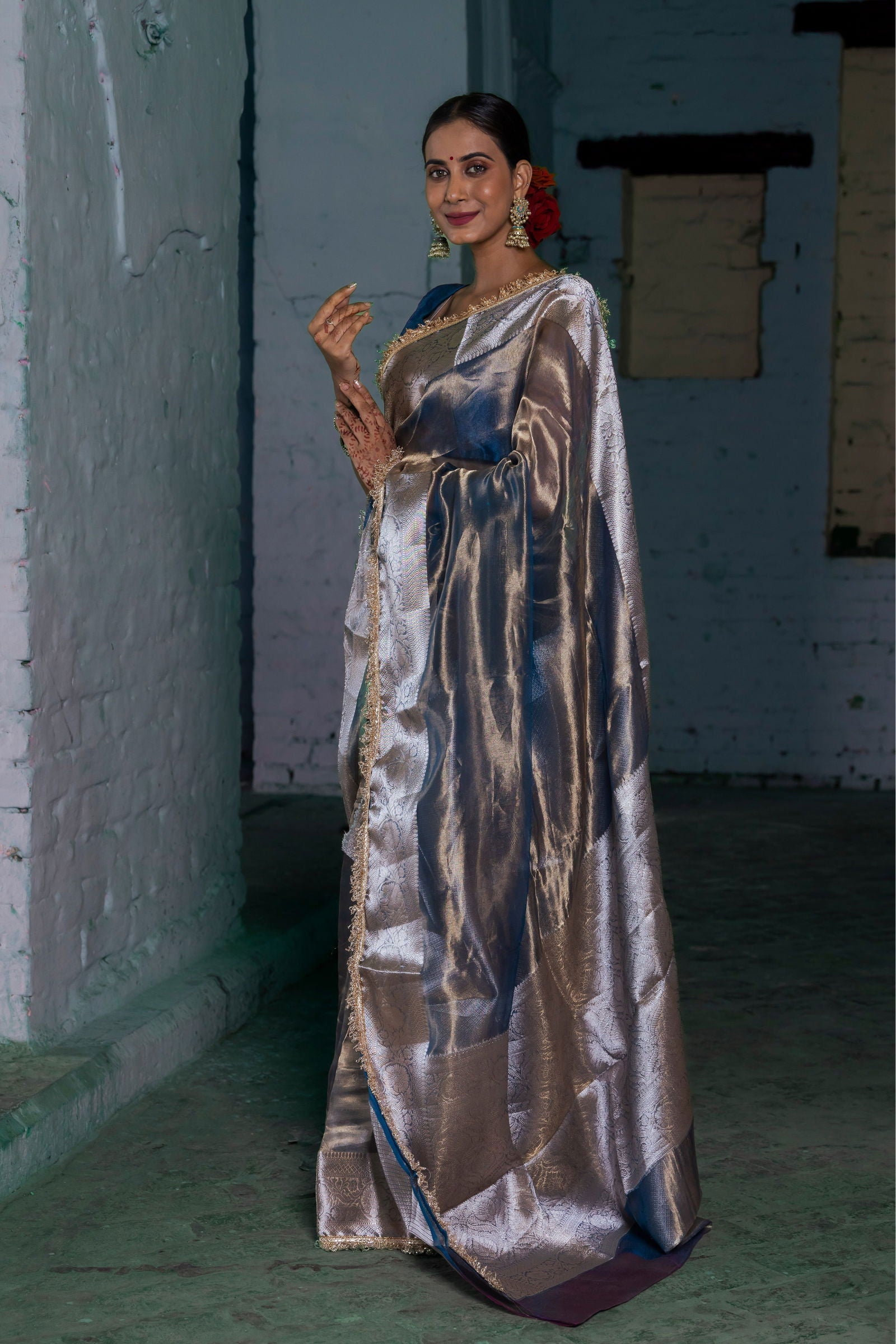 Handloom Peacock Blue Pure Katan Tissue Silk Banarasi Saree - Mayrake.in