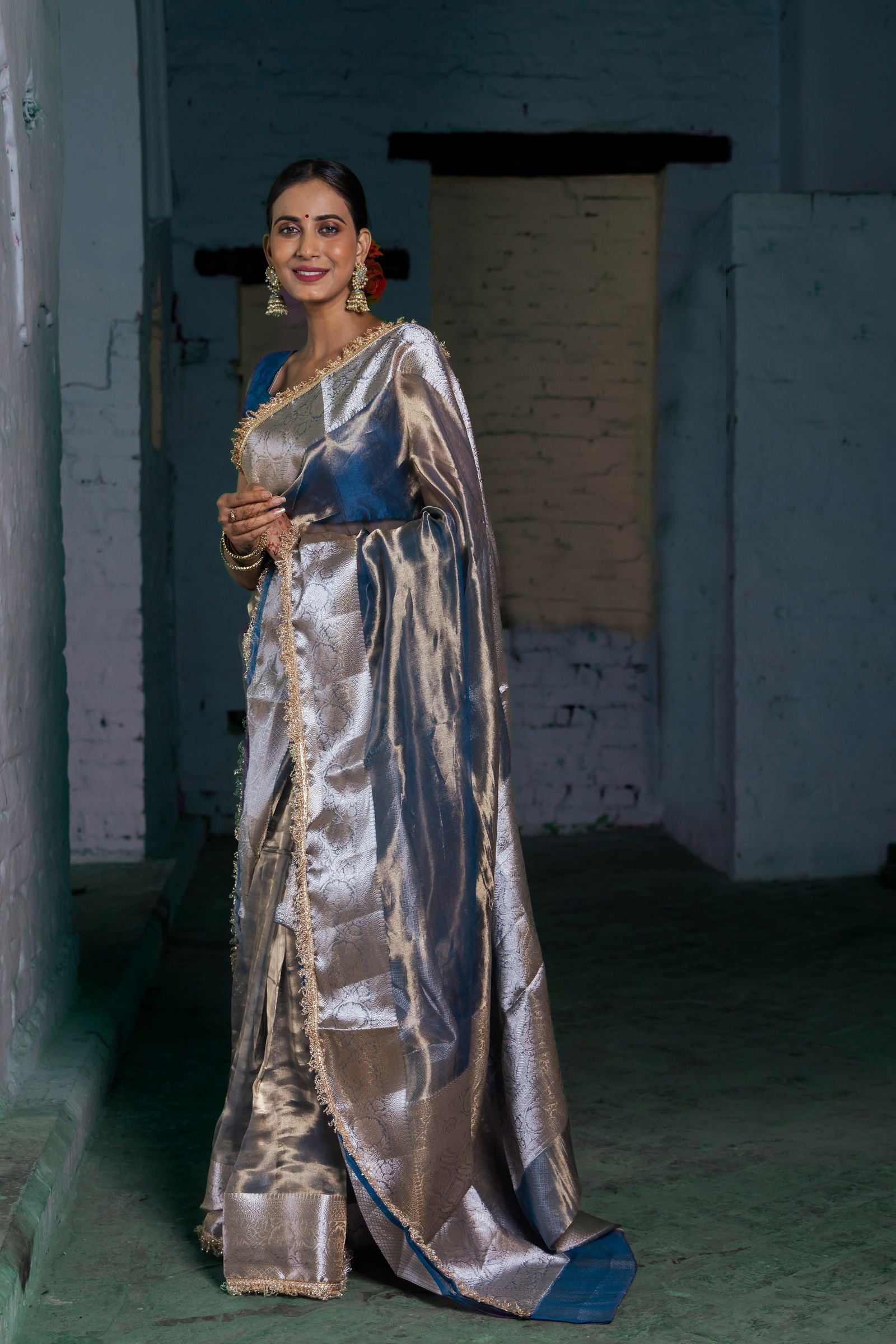 Handloom Peacock Blue Pure Katan Tissue Silk Banarsi Saree - Mayrake