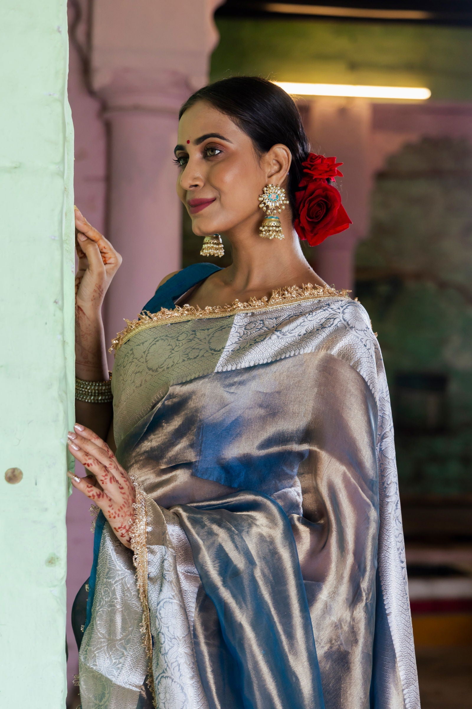 Handloom Peacock Blue Pure Katan Tissue Silk Banarsi Saree - Mayrake