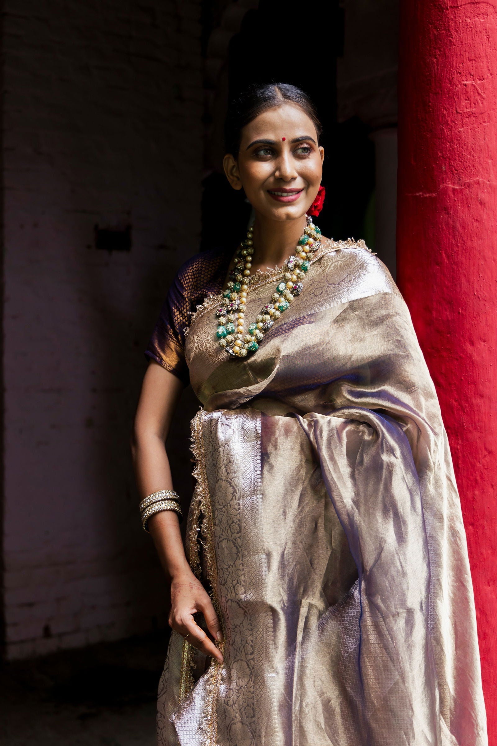 Handloom Purple Blue Pure Katan Tissue Silk Banarasi Saree - Mayrake.in