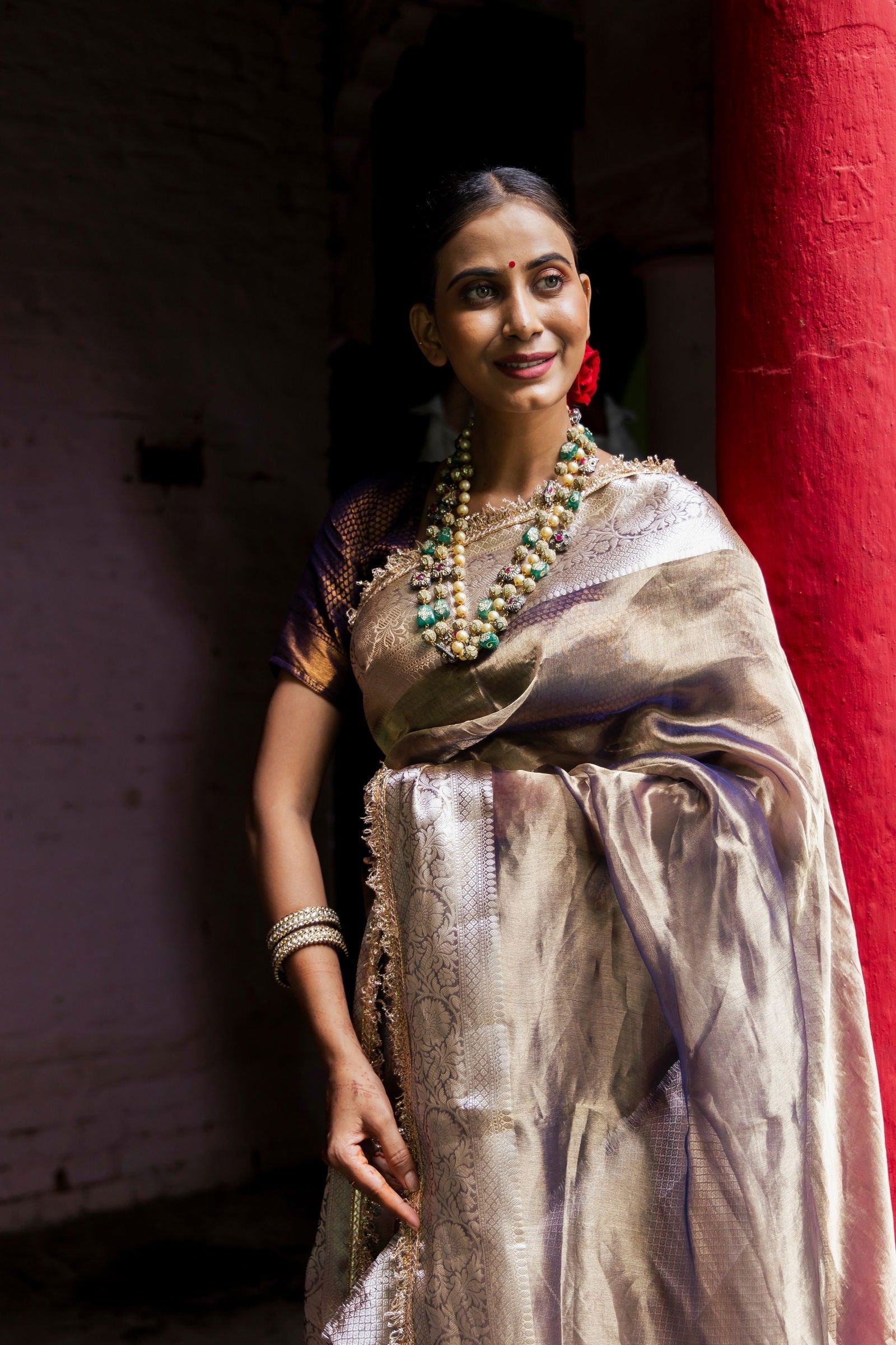 Handloom Purple Blue Pure Katan Tissue Silk Banarasi Saree - Mayrake.in