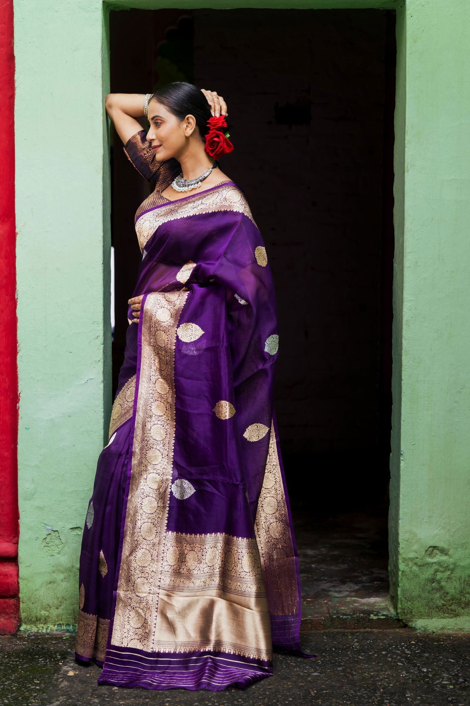 Handloom Purple Pure Kora Organza Banarasi Saree - Mayrake.in