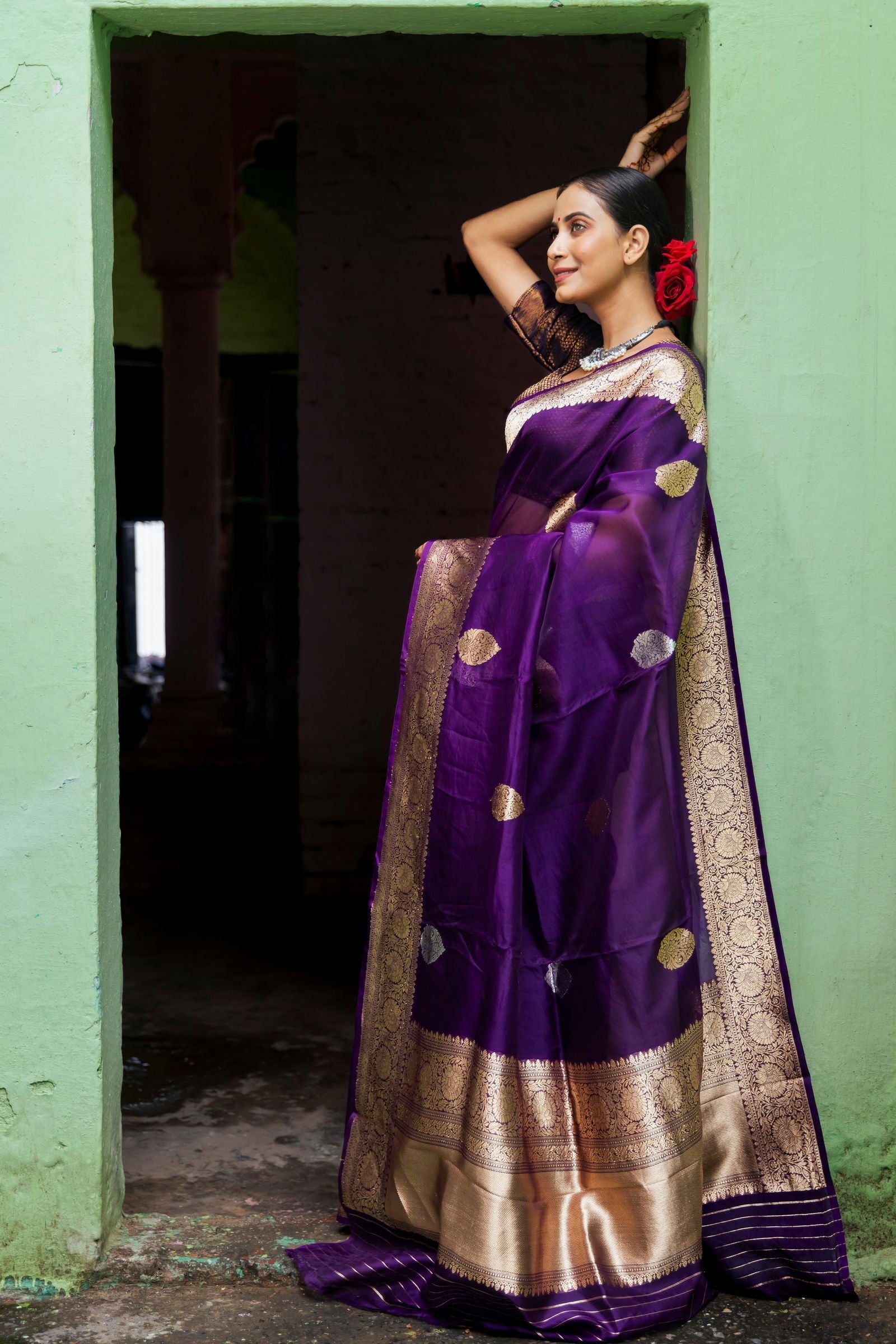 Handloom Purple Pure Kora Organza Banarasi Saree - Mayrake.in