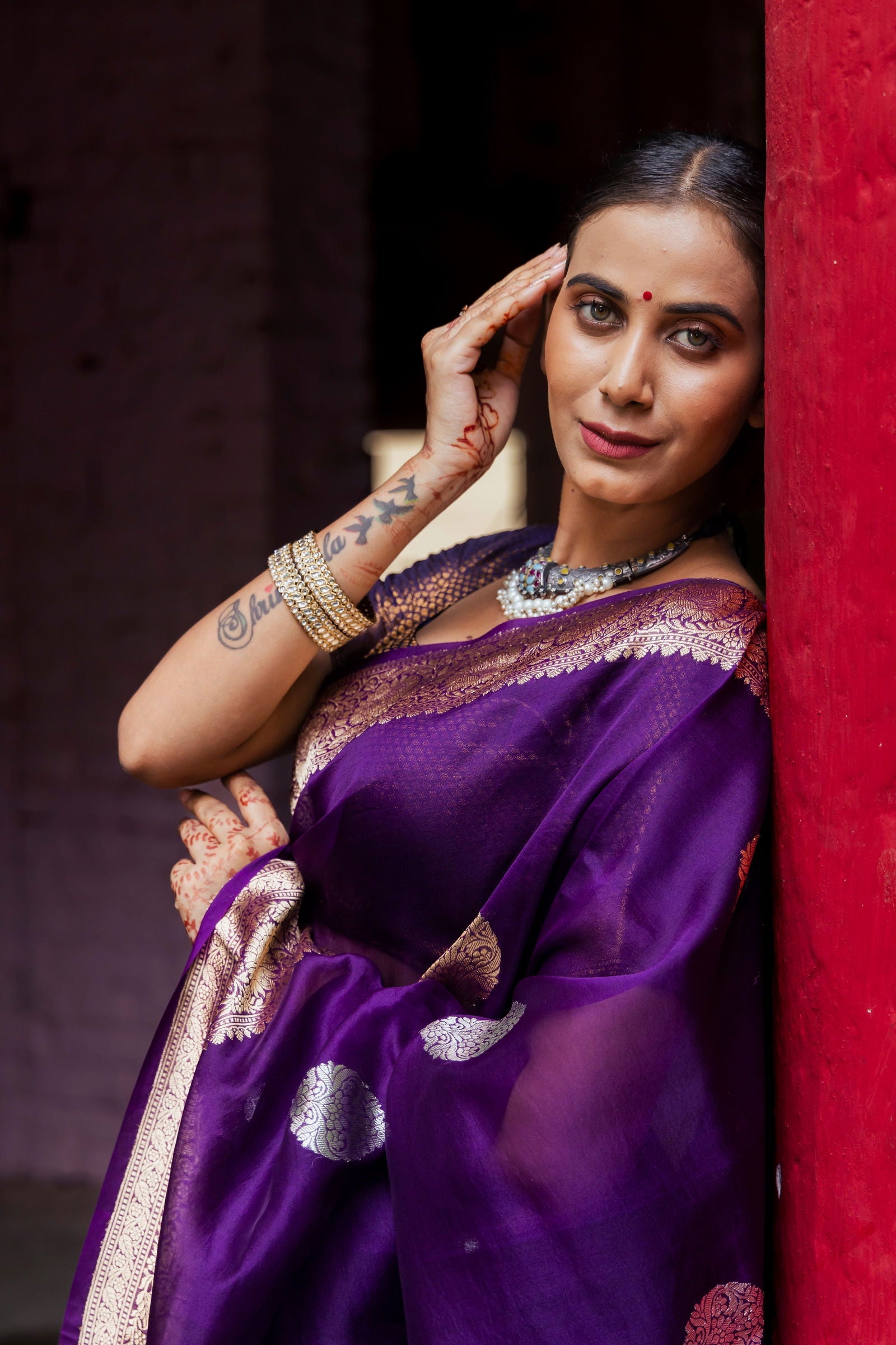 Handloom Purple Pure Kora Organza Banarsi Saree - Mayrake
