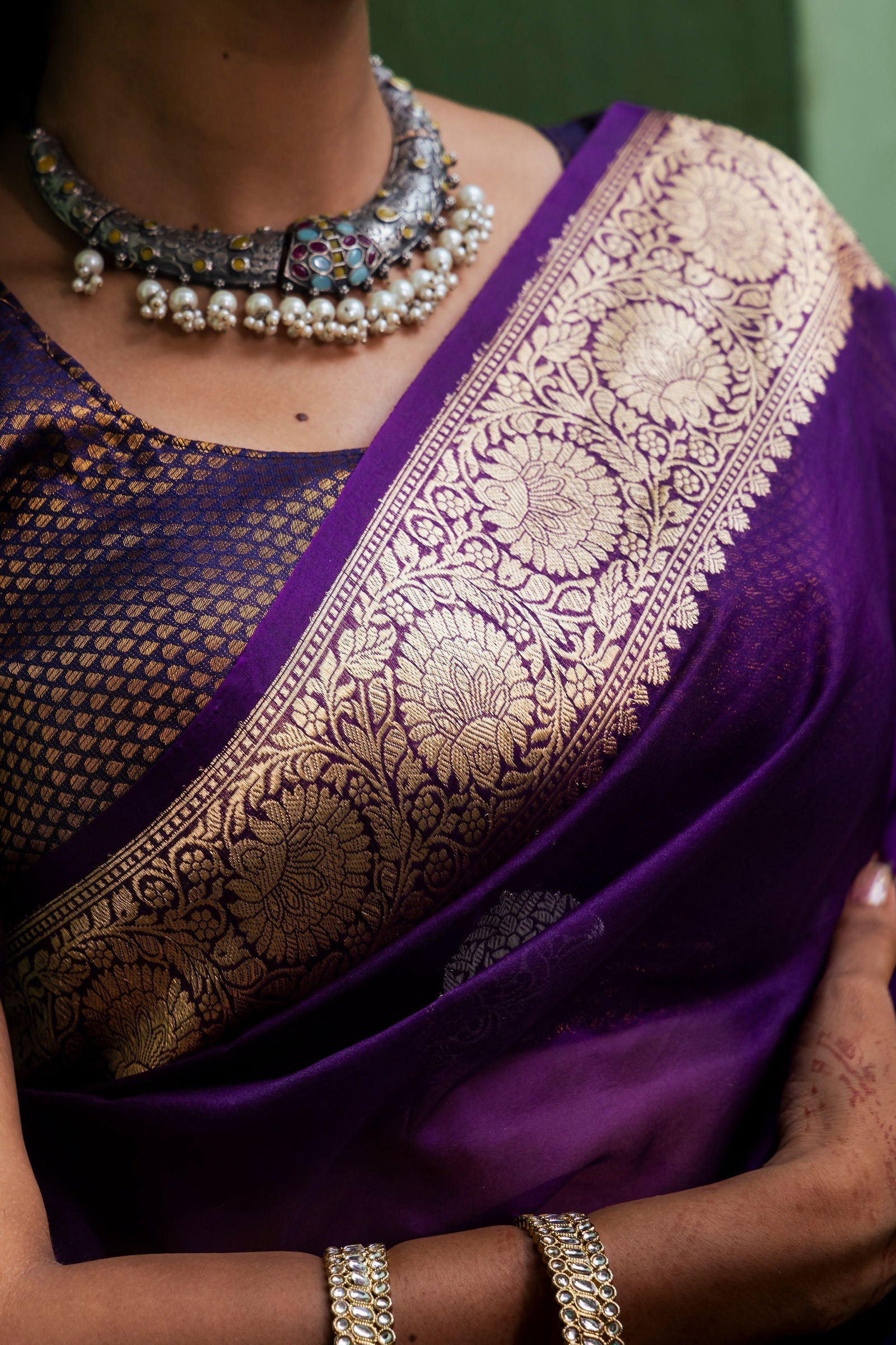 Handloom Purple Pure Kora Organza Banarsi Saree - Mayrake