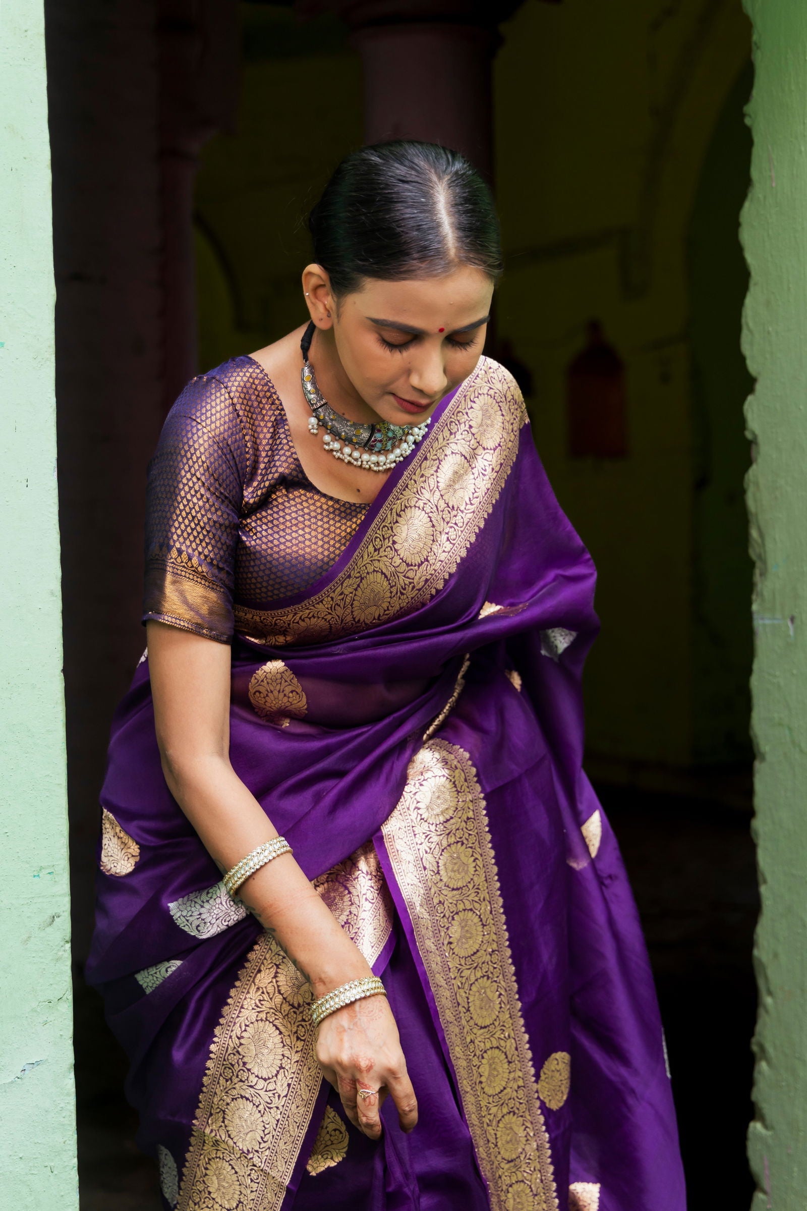 Handloom Purple Pure Kora Organza Banarsi Saree - Mayrake