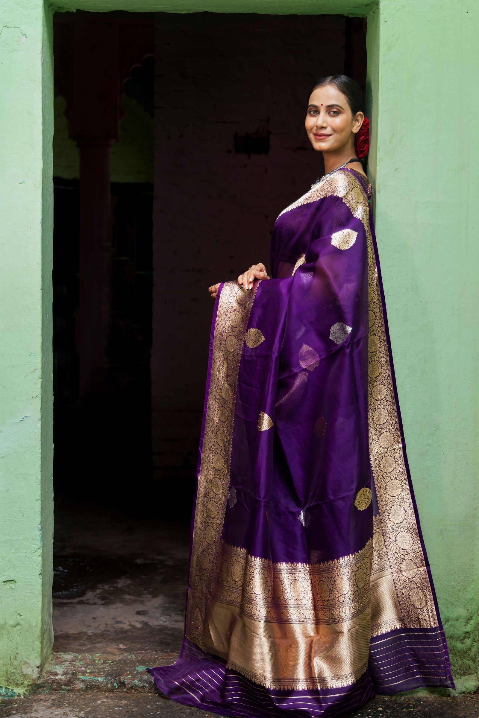 Handloom Purple Pure Kora Organza Banarsi Saree - Mayrake