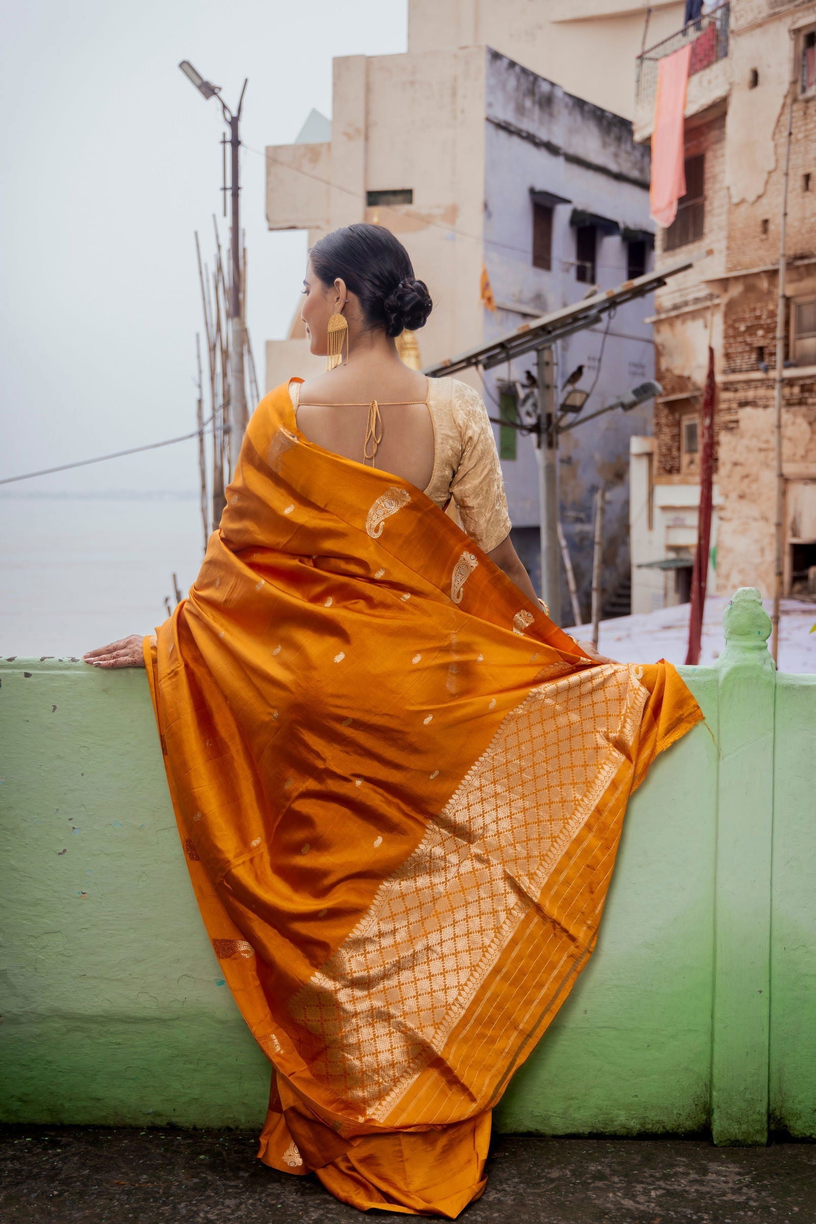 Handloom Saffron Yellow Pure Katan Silk Banarasi Saree - Mayrake.in