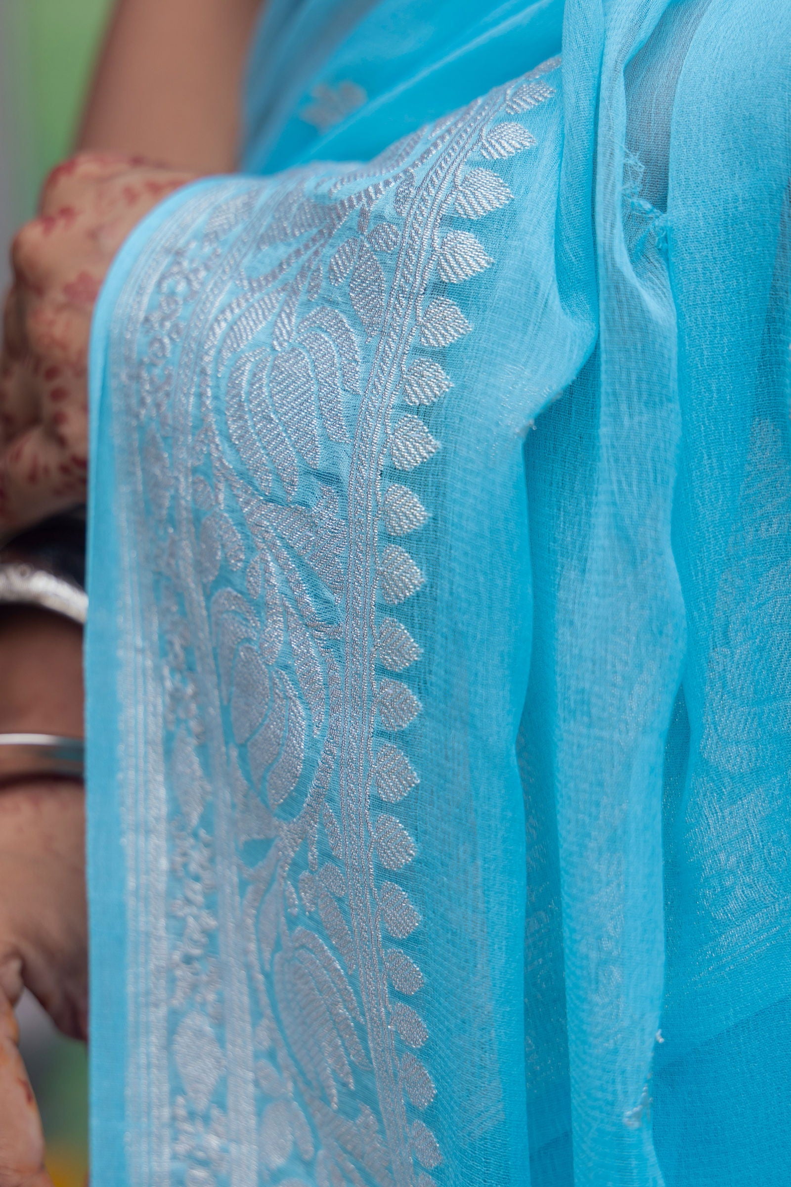 Handloom Sky Blue Pure Khaddi Chiffon Banarsi Saree - Mayrake