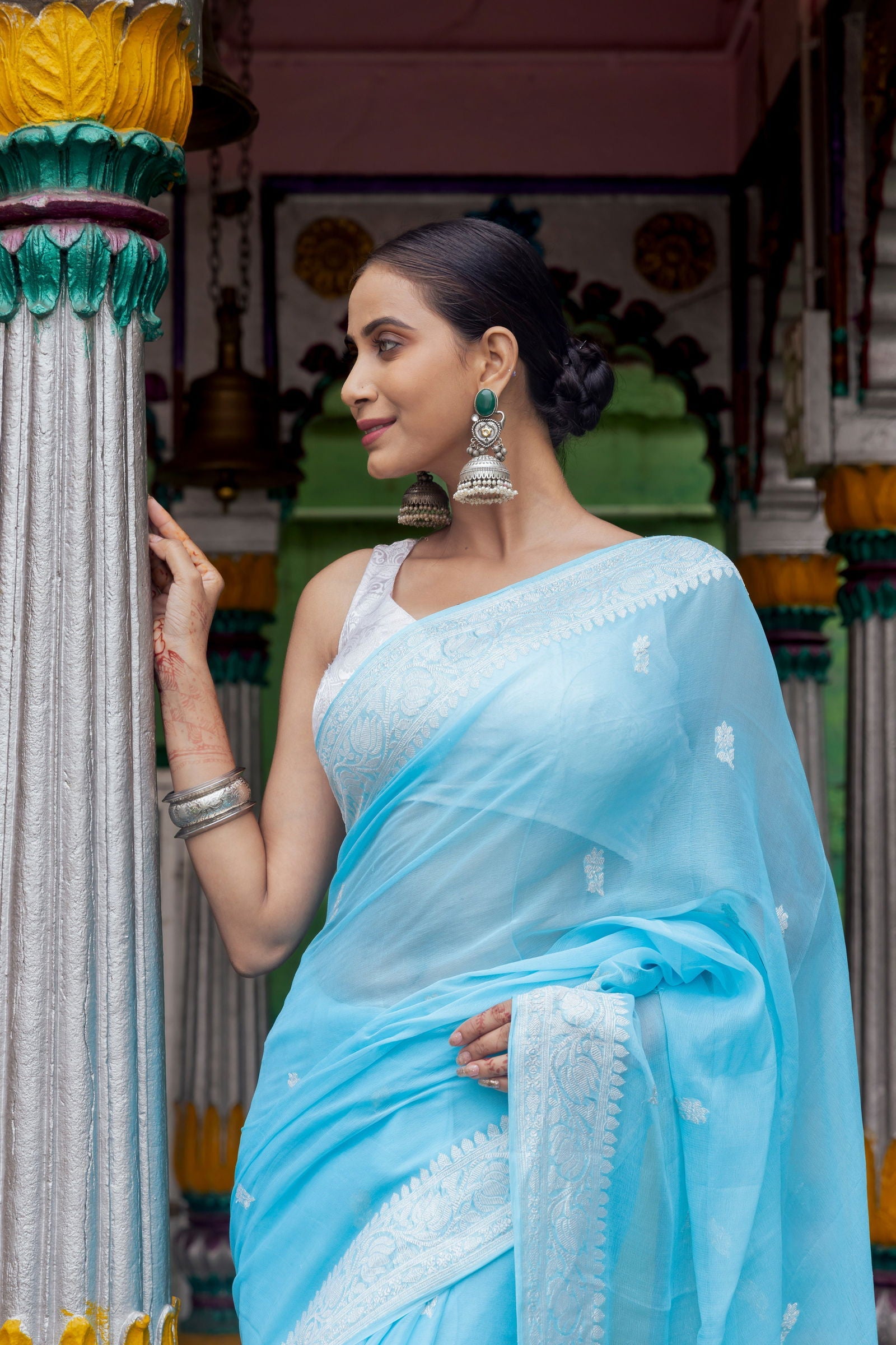 Handloom Sky Blue Pure Khaddi Chiffon Banarsi Saree - Mayrake